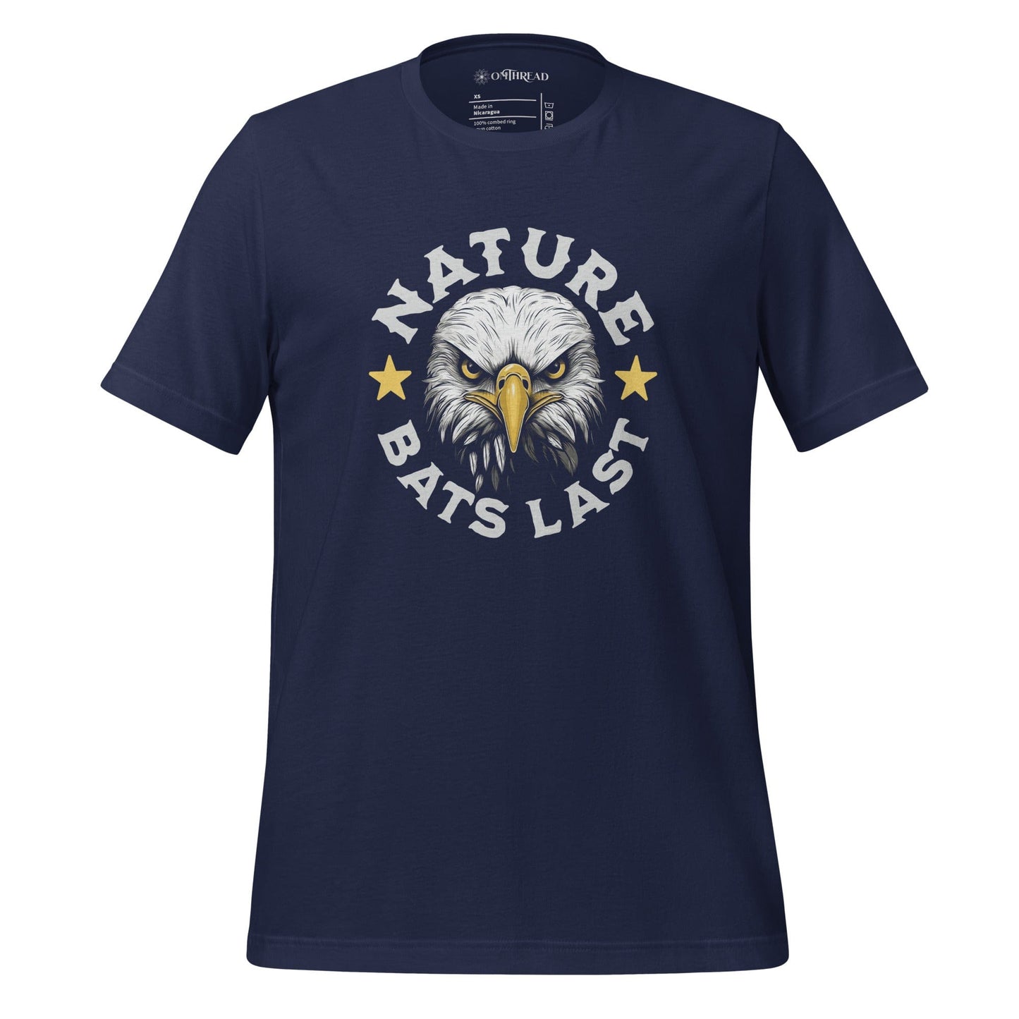 OMTHREAD navy t-shirt featuring a fierce bald eagle illustration with "Nature Bats Last" text in bold white letters, accented by two yellow stars.
