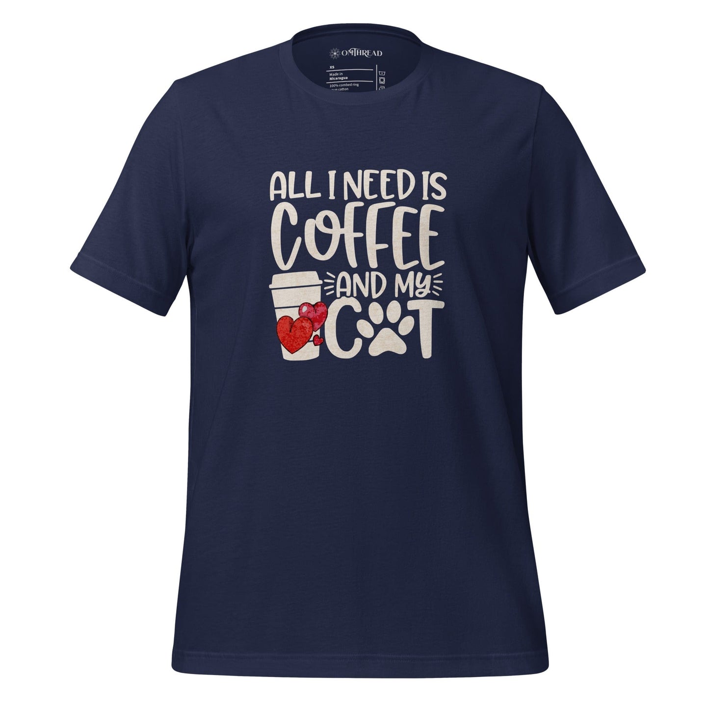 OMTHREAD navy blue t-shirt featuring the phrase "All I Need is Coffee and My Cat" in bold white lettering, accompanied by a heart-decorated coffee cup and a paw print design.