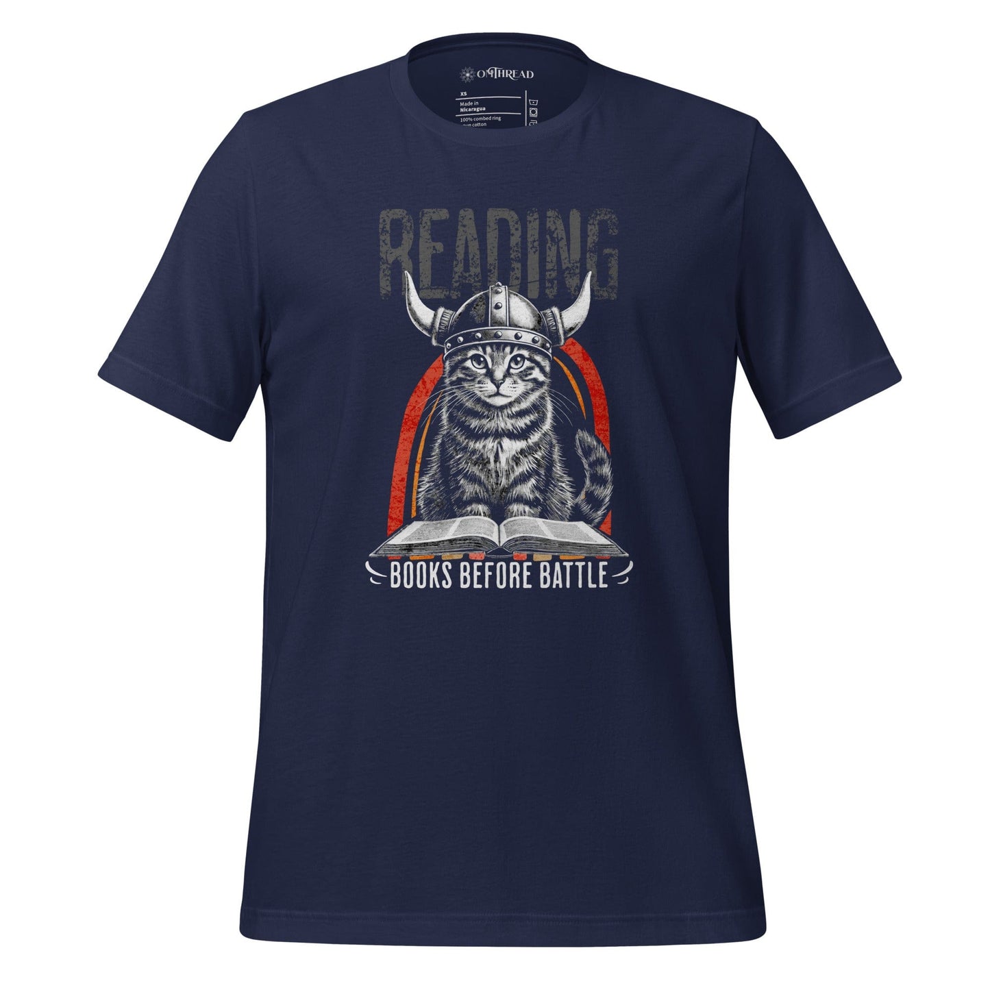 OMTHREAD Navy / XS Books Before Battle Viking Cat T-Shirt | Funny Feline Graphic Tee