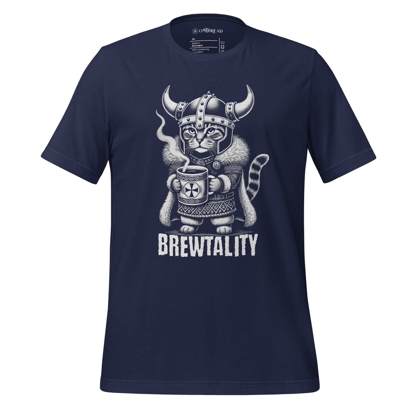 OMTHREAD navy t-shirt featuring a Viking cat in a horned helmet, gripping a steaming mug of coffee. The word 'Brewtality' is printed below in bold lettering. The feline wears Nordic-style armor with a fur cape.