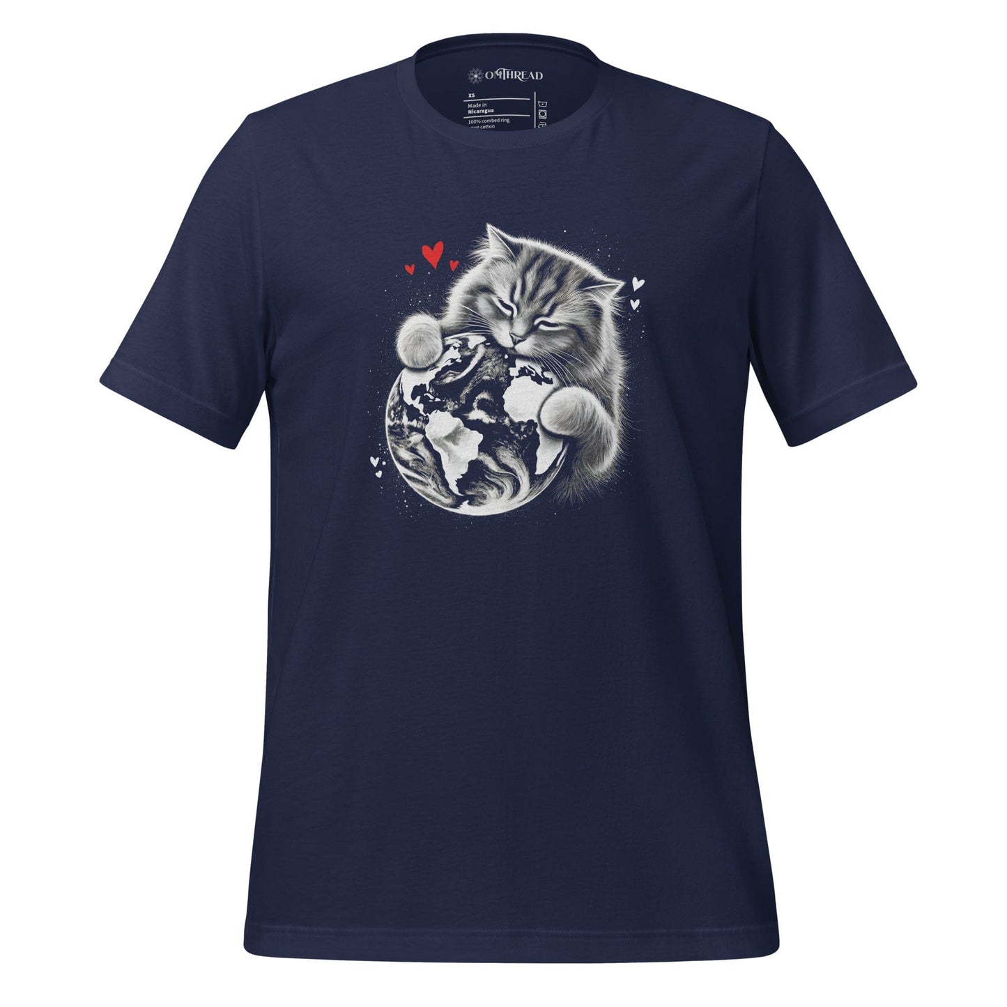 OMTHREAD Navy / XS Cat Hugging Earth T-Shirt | Love Earth Tee | Planet Awareness Cat