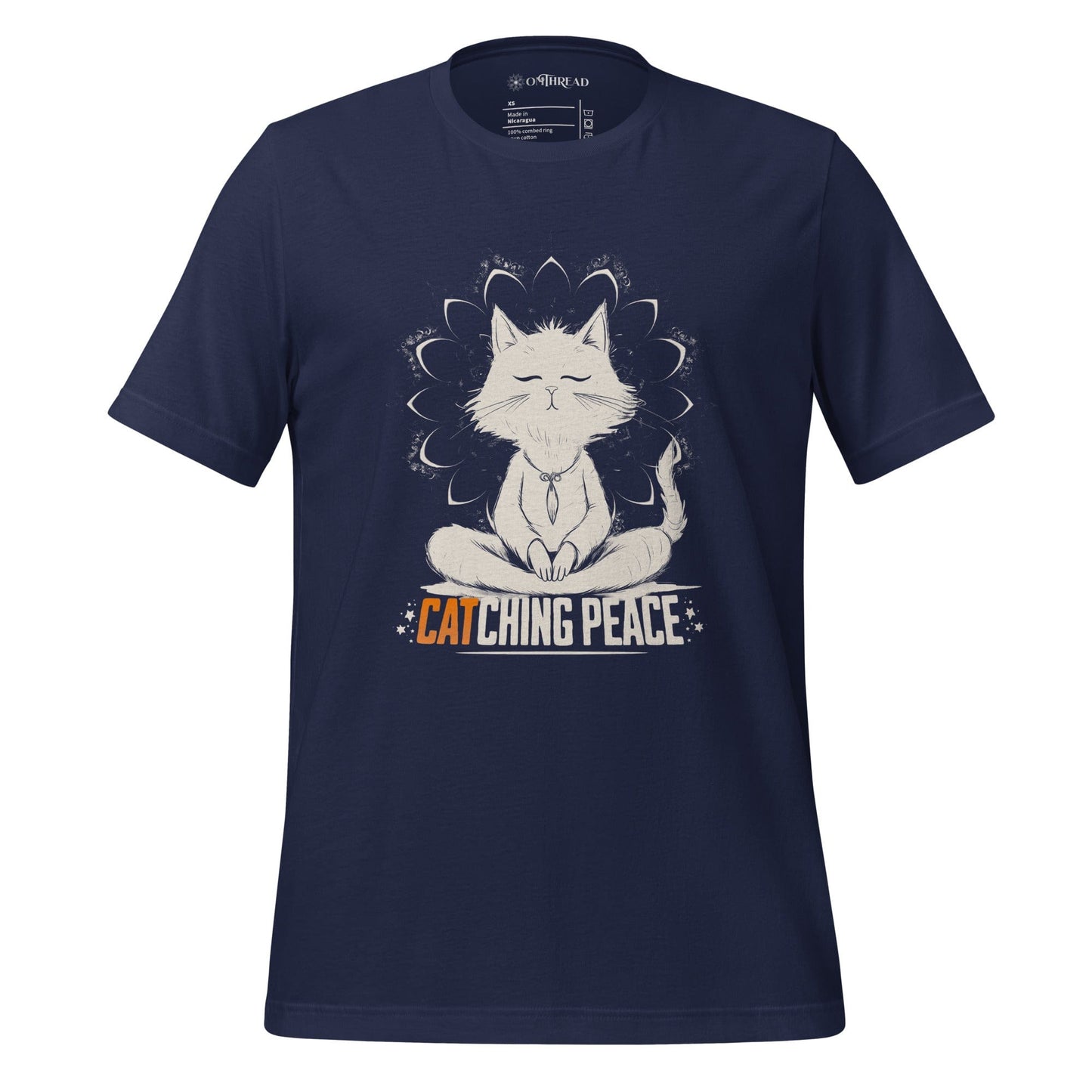 OMTHREAD Navy / XS Catching Peace Cat T-Shirt | Meditating Cat Graphic Tee for Yoga Lovers