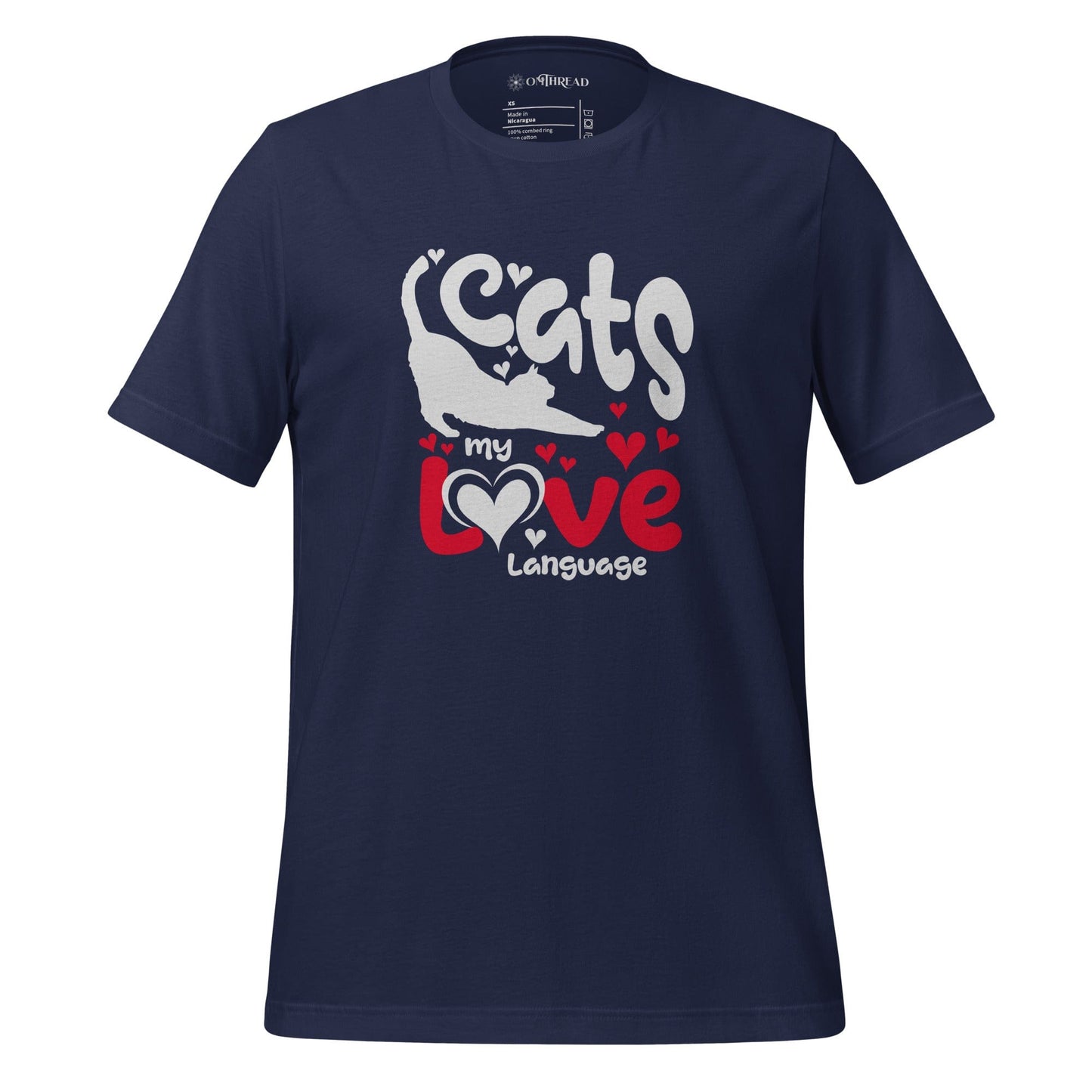 OMThread navy blue t-shirt featuring a bold graphic design with the phrase "Cats My Love Language" in white and red letters. The text is decorated with heart accents, and a playful cat silhouette is integrated into the typography.