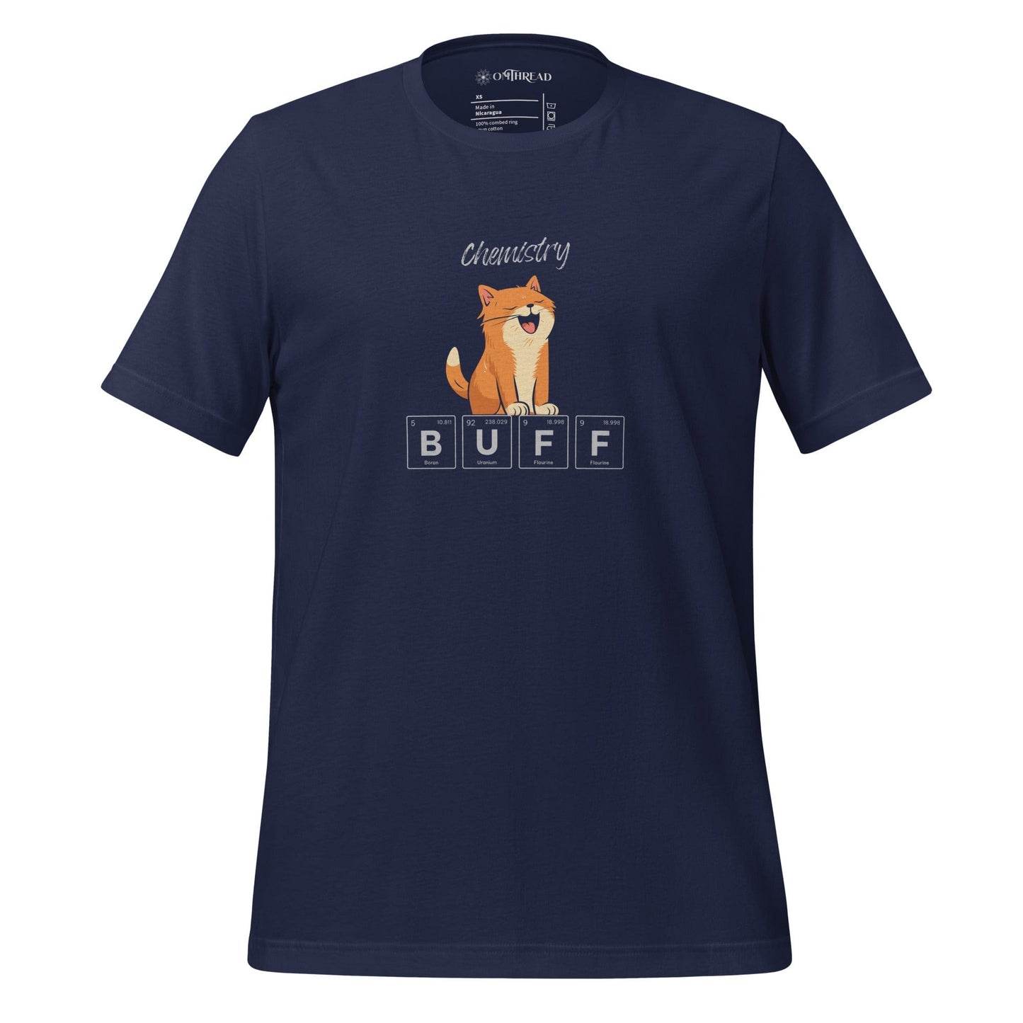 OMThread navy t-shirt featuring an orange cat flexing its muscles above periodic table elements spelling "BUFF." The design combines science and humor, with the word "Chemistry" written above.