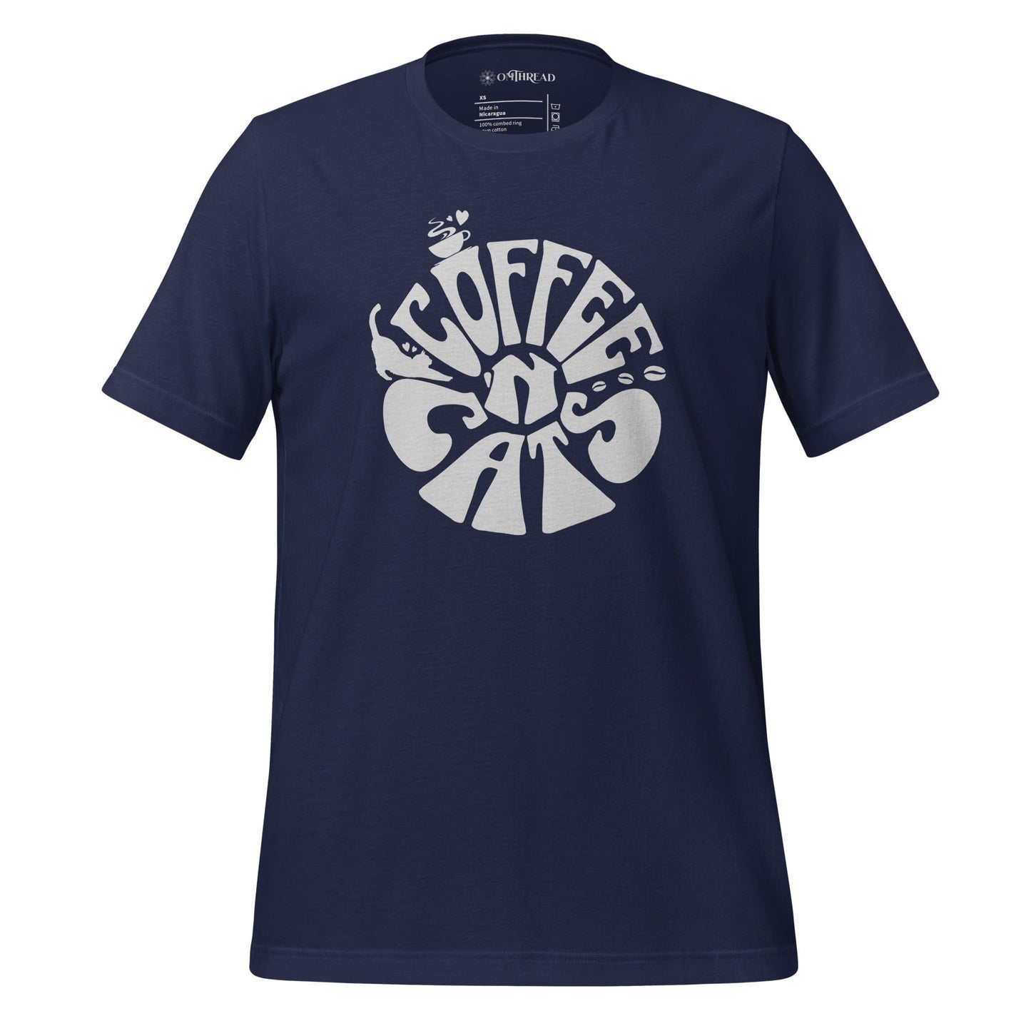 OMTHREAD navy blue t-shirt featuring a retro-style design with the phrase "Coffee N' Cats" in bold, curvy white lettering. The typography incorporates small illustrations of a steaming coffee cup and a cat silhouette.