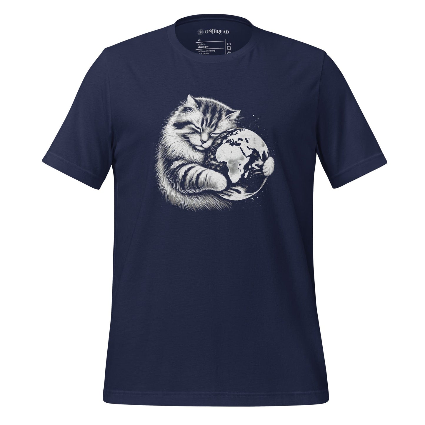 Navy blue t-shirt featuring a detailed illustration of a fluffy cat peacefully hugging planet Earth.