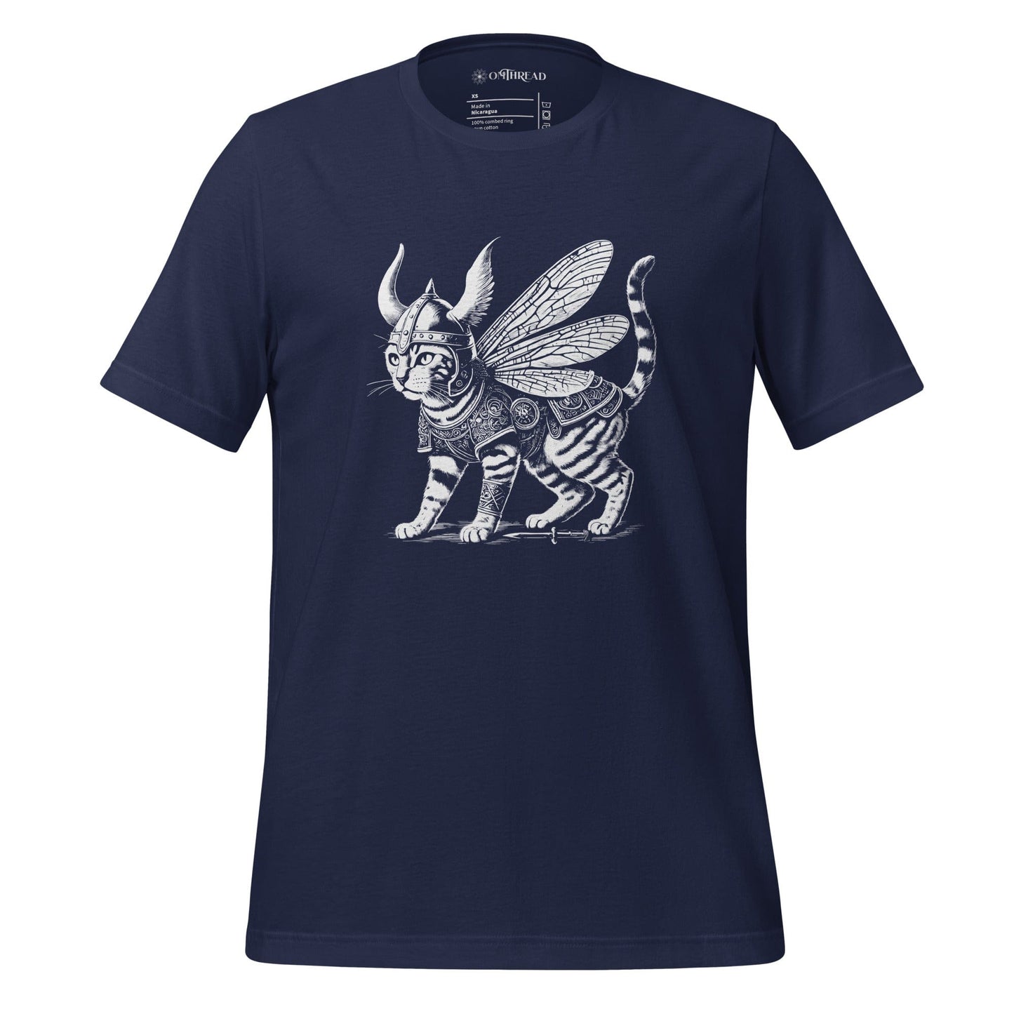 OMThread navy t-shirt featuring a highly detailed illustration of a Viking warrior cat with insect-like wings, wearing intricate armor and a horned helmet. The feline stands confidently, exuding strength and mystery.