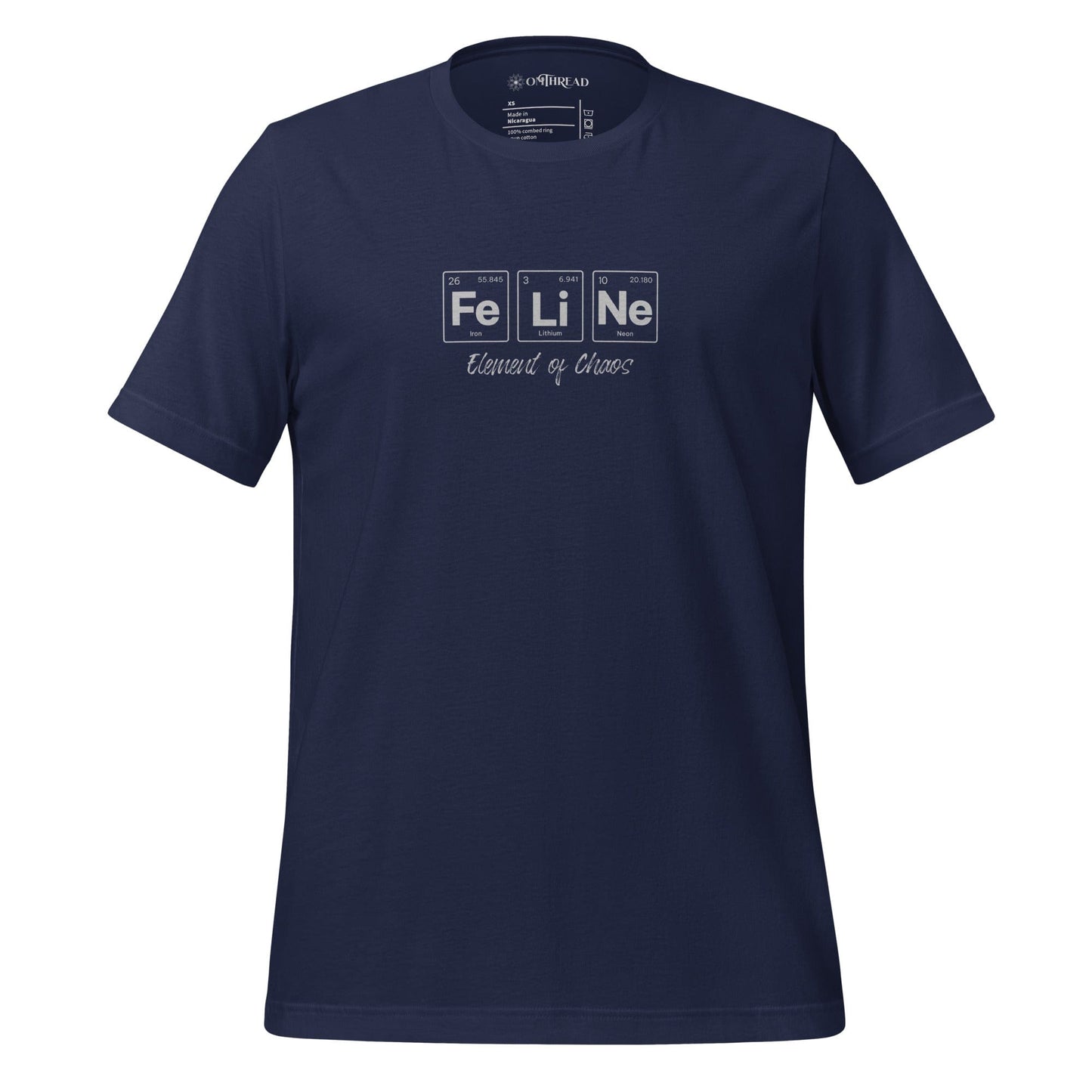 OMThread FeLiNe Element of Chaos navy blue t-shirt featuring the word "FeLiNe" spelled using periodic table elements Iron (Fe), Lithium (Li), and Neon (Ne), with "Element of Chaos" written below in cursive font.