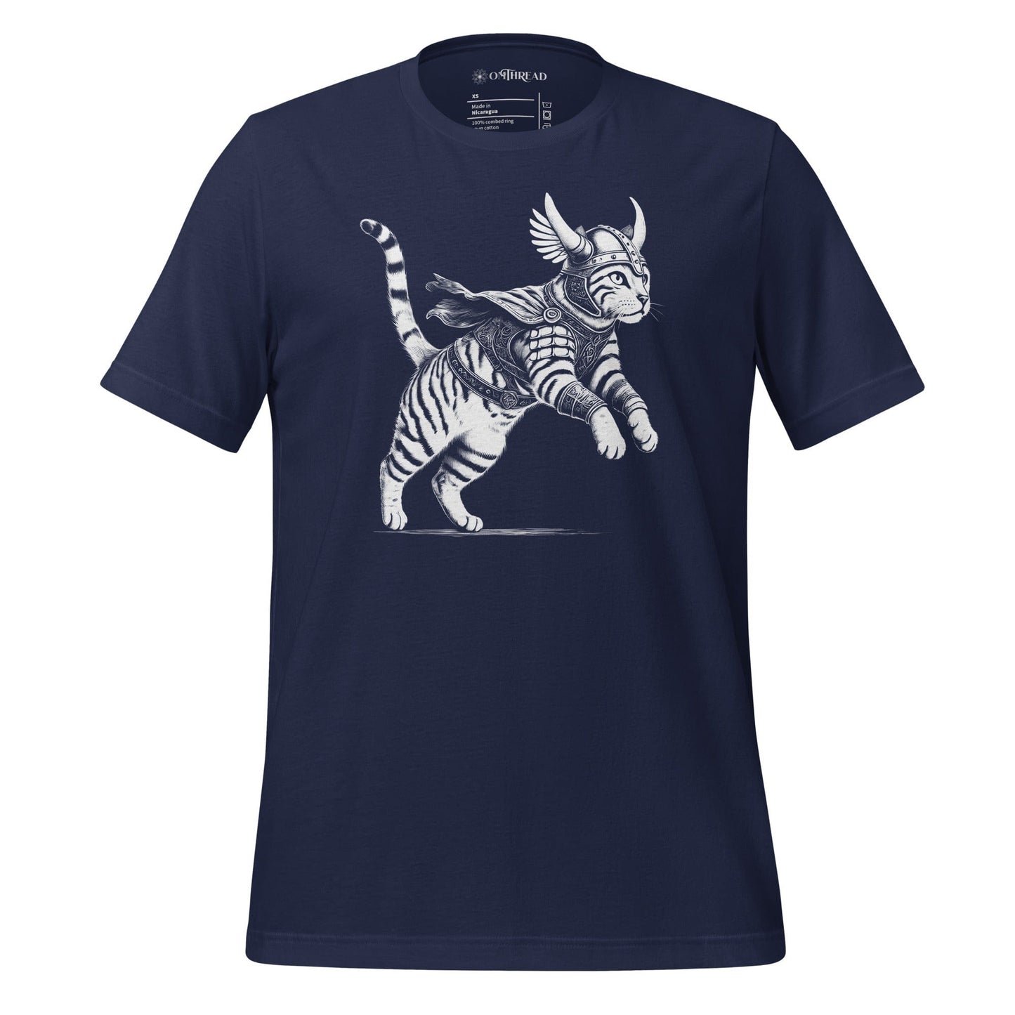 OMThread navy t-shirt featuring a detailed illustration of a Viking cat in armor with a horned helmet, flowing cape, and feathered wings. The feline warrior is in an action-ready pose with intricate linework.