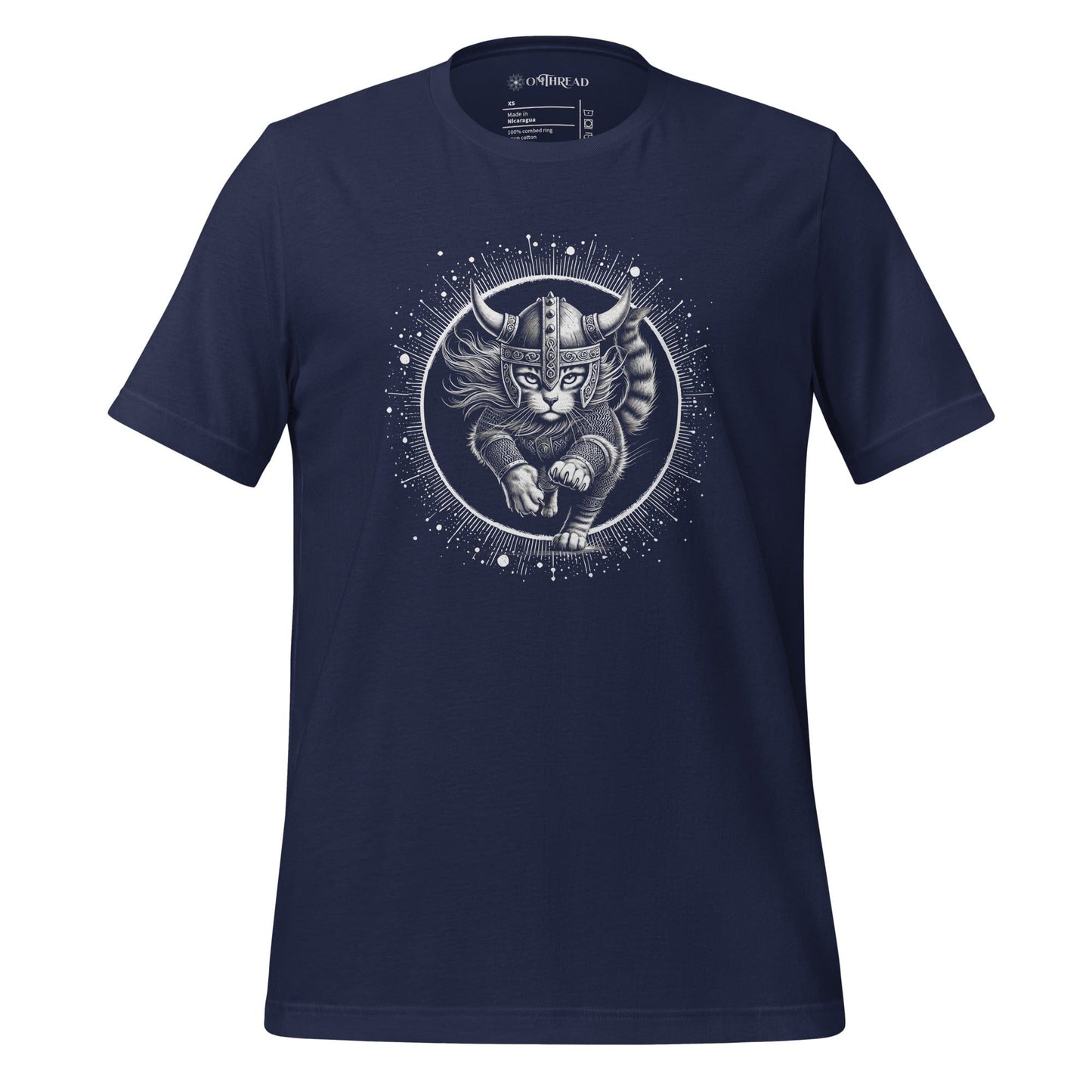 Navy t-shirt featuring a Viking cat warrior leaping forward, wearing a horned helmet and armor, set against a cosmic circular background with radiant lines.