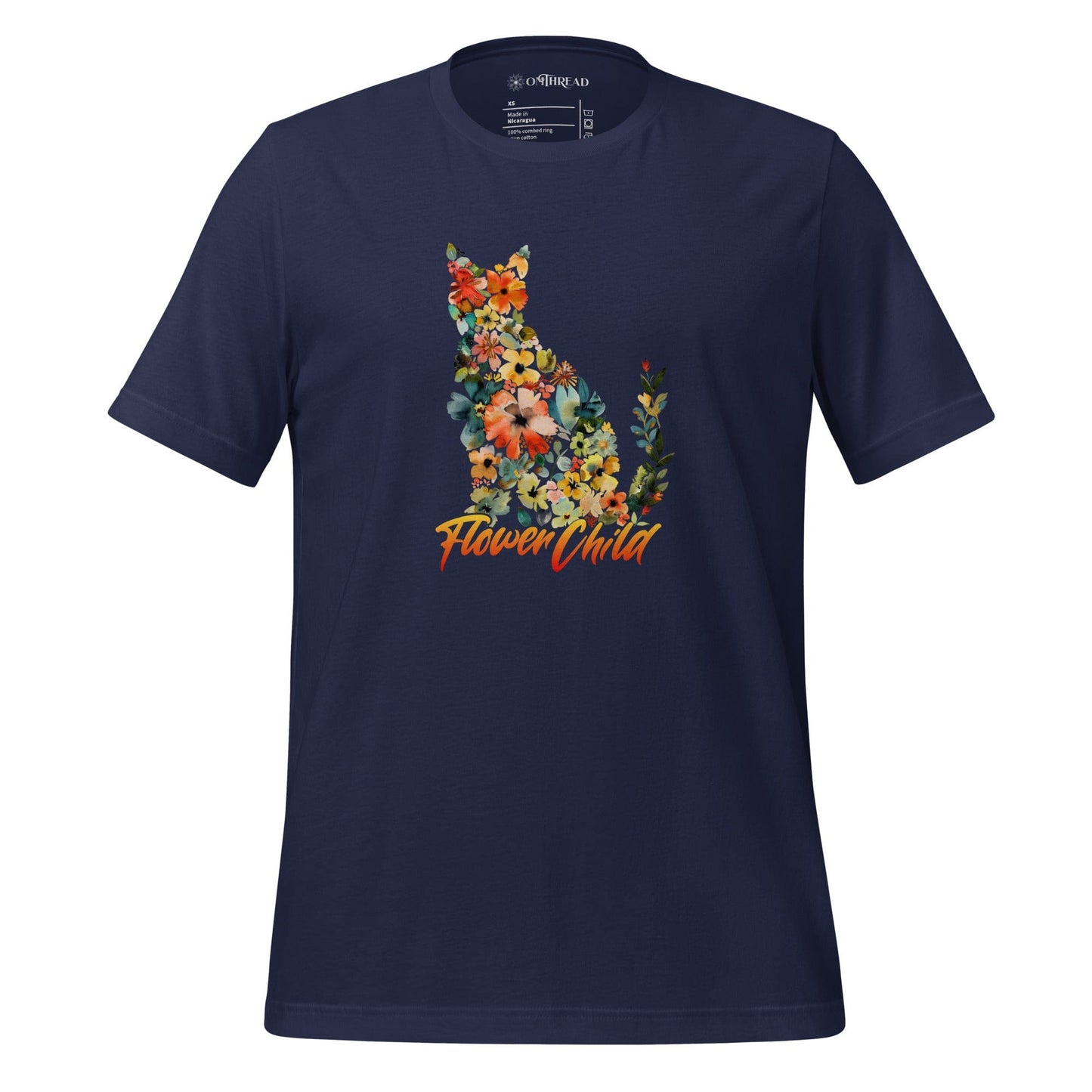 Navy blue t-shirt featuring a floral cat silhouette made of blooming flowers in vibrant colors. Below, the text 'Flower Child' is written in artistic script.