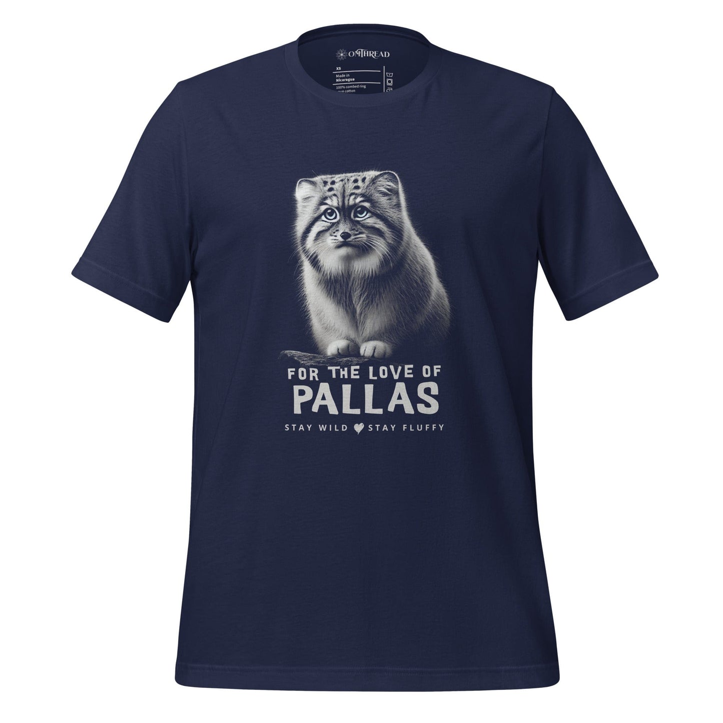 OMThread navy blue t-shirt featuring a detailed illustration of a Pallas cat sitting on a branch. The design includes bold text that reads "For the Love of Pallas" with the phrase "Stay Wild Stay Fluffy" underneath. The artwork is monochromatic with soft shading.