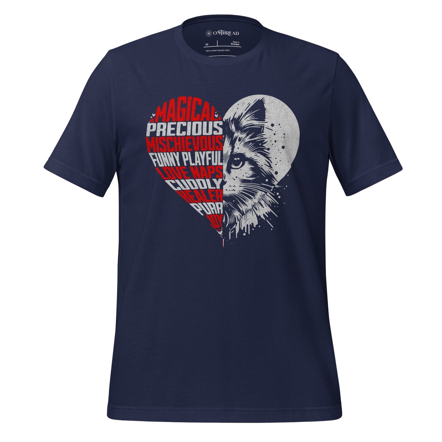 OMTHREAD Navy / XS Heart Cat Word Art T-Shirt, Cute Cat Lover Shirt, Gift for Cat Moms and Dads