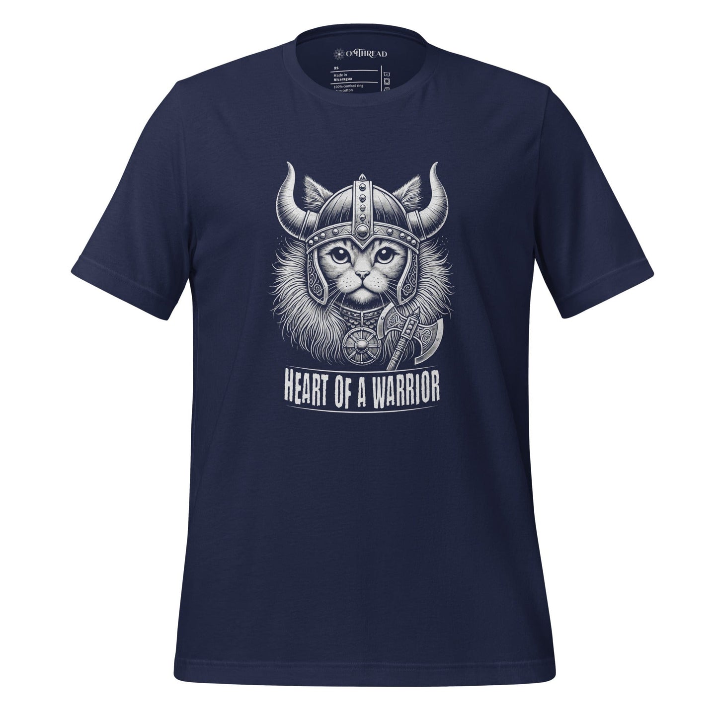 OMTHREAD Heart of a Warrior Viking Cat navy T-Shirt featuring a fierce cat in Norse warrior attire with a helmet and axe, showcasing a bold Viking-inspired graphic design.