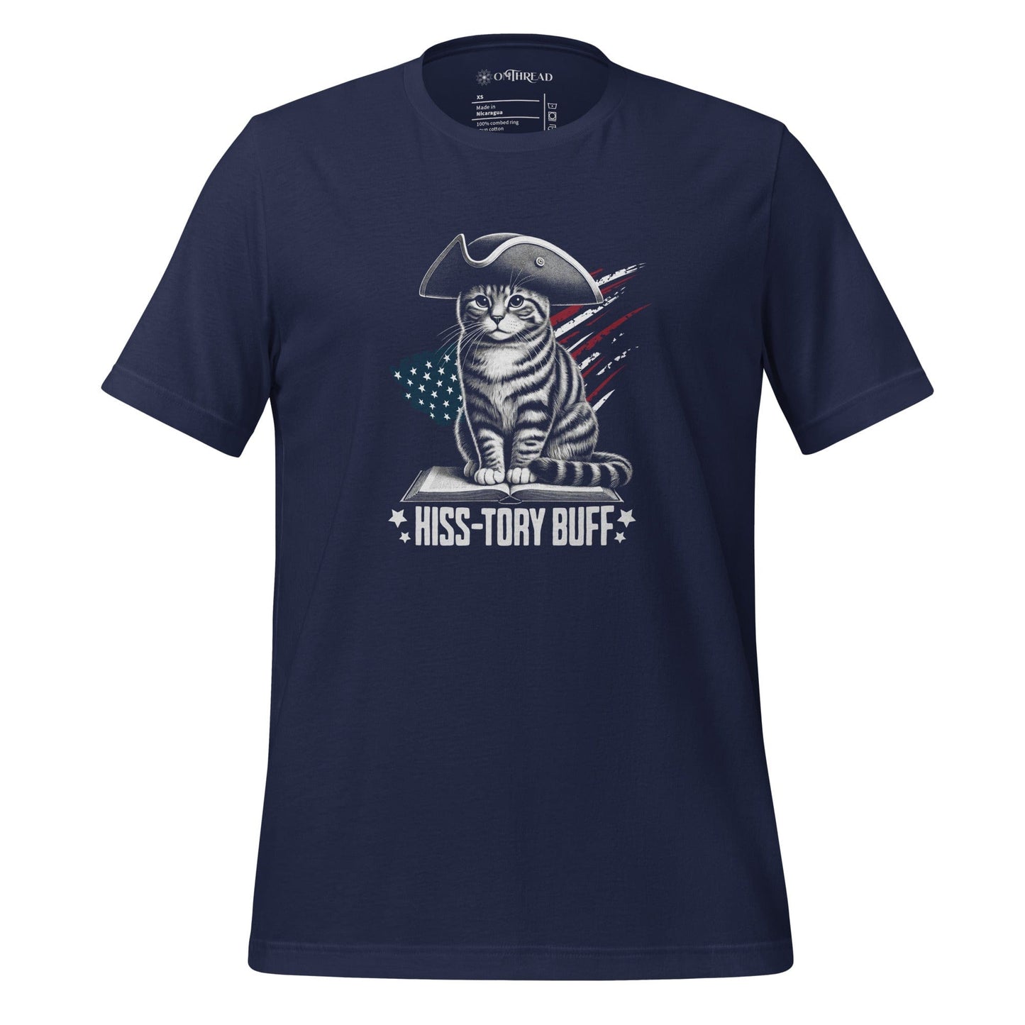 OMThread navy Hiss-tory Buff Cat T-Shirt featuring a colonial-style tabby cat sitting on a book, wearing a tricorn hat, with an American flag background. The design includes bold text that reads 'Hiss-tory Buff.' Printed on a black unisex t-shirt.