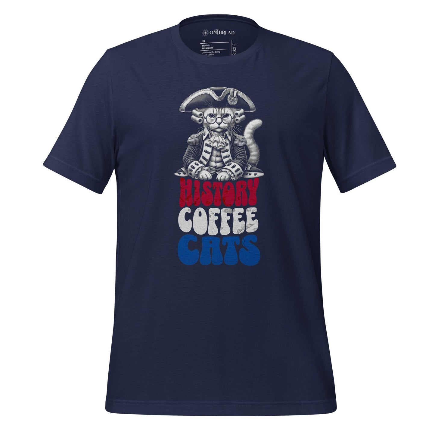OMTHREAD Navy / XS History Cats Coffee T-Shirt | Funny Cat Lover Tee | Retro Cat Coffee Shirt