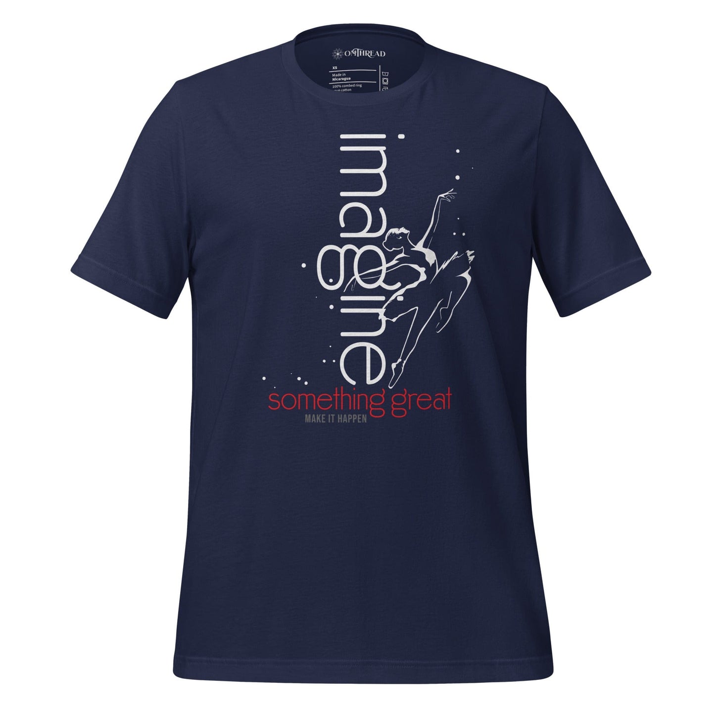 OMTHREAD navy t-shirt featuring a dynamic illustration of a dancer leaping with the text "imagine something great" in white and red.