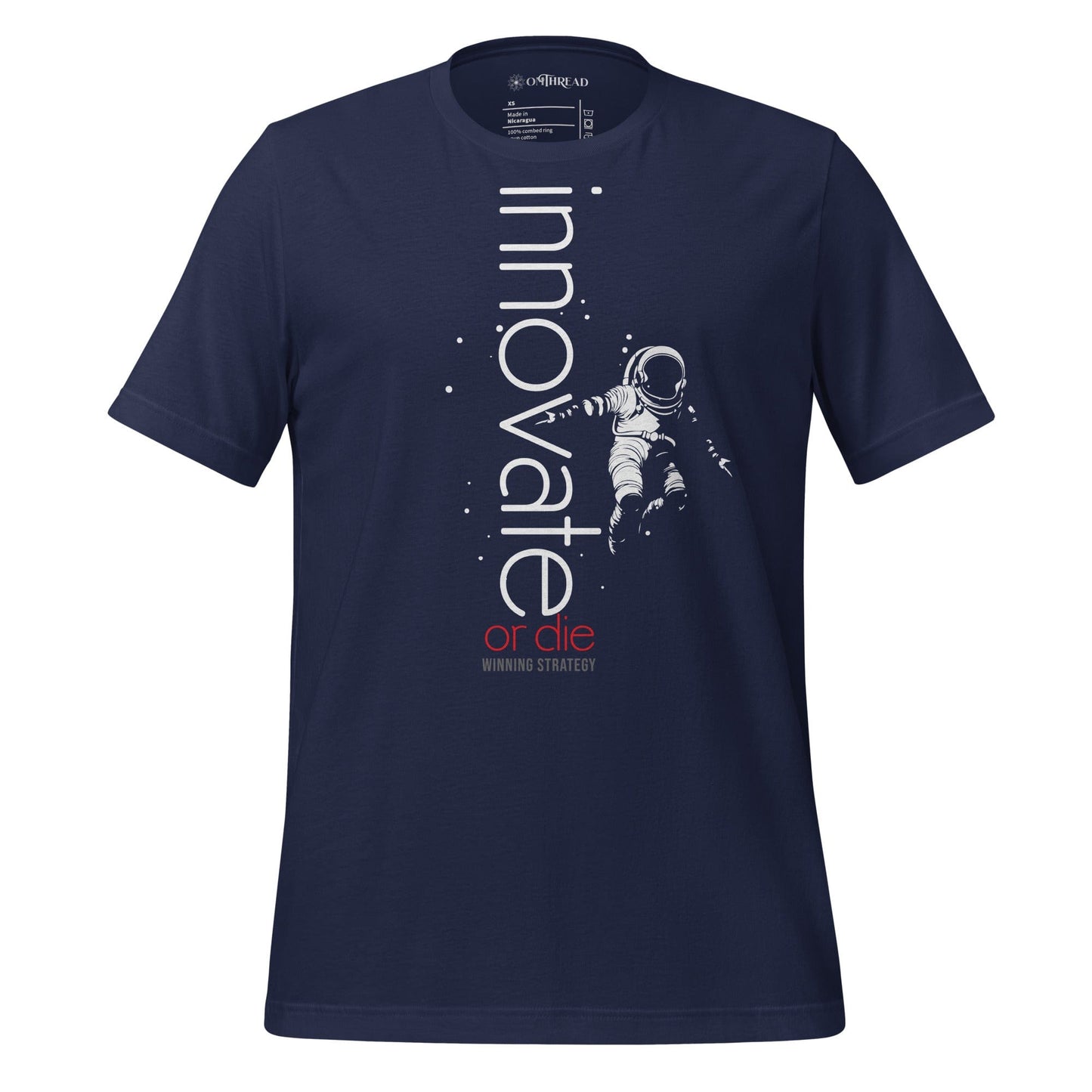 OMTHREAD navy t-shirt featuring an astronaut floating in space with the words "Innovate or Die" in vertical typography, accented with red text.