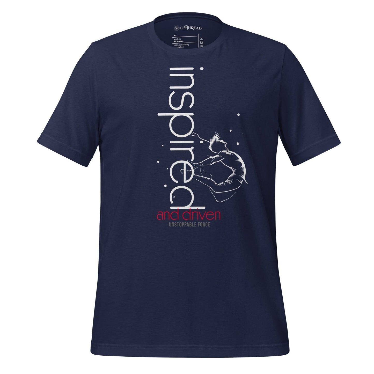 OMThread navy t-shirt with "Inspired and Driven" typography and an abstract figure in motion, symbolizing motivation and determination