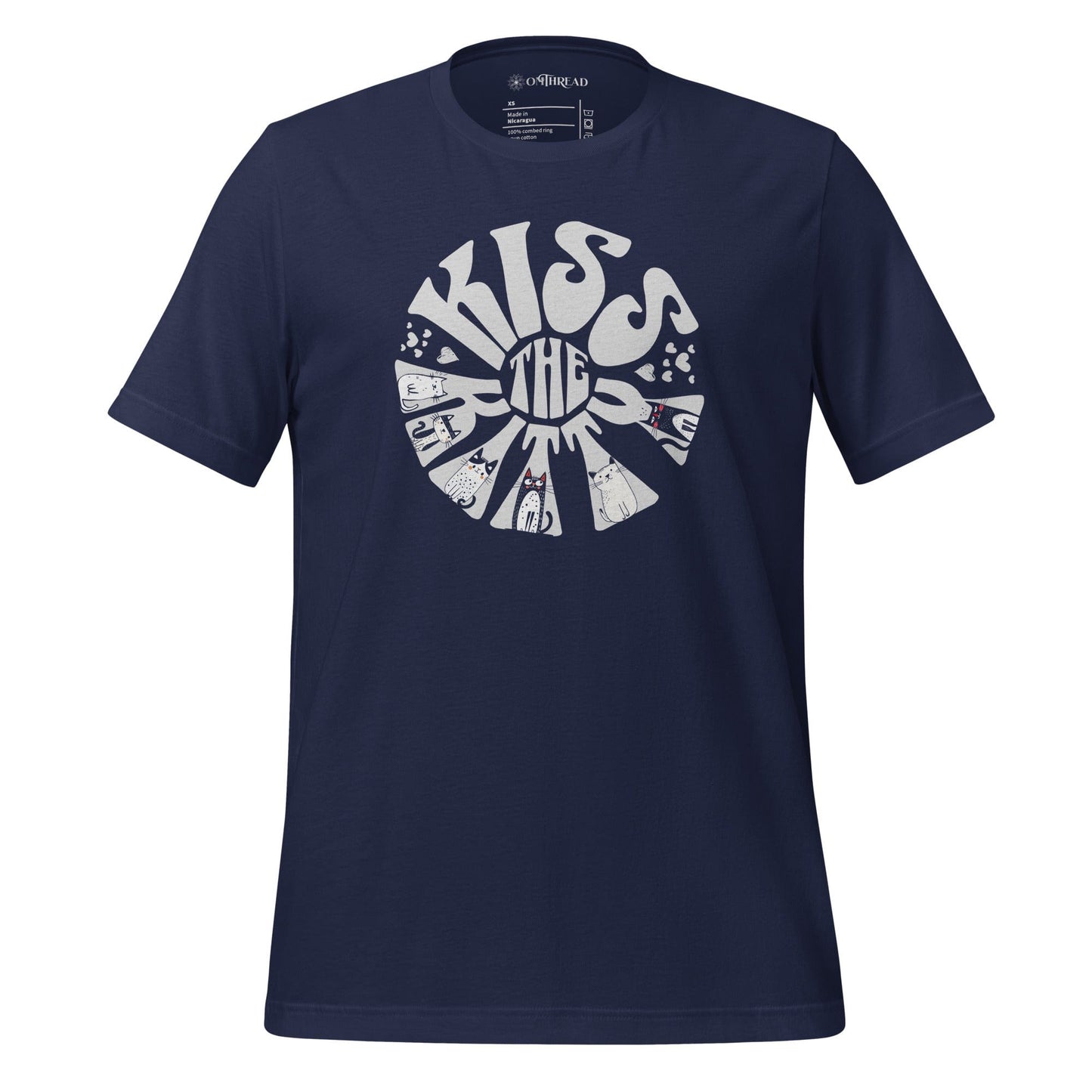 OMThread navy blue t-shirt featuring a circular sunburst design with the phrase "Kiss the Kitty" in bold, retro-style lettering. The letters are integrated with playful cat illustrations, creating a dynamic composition.