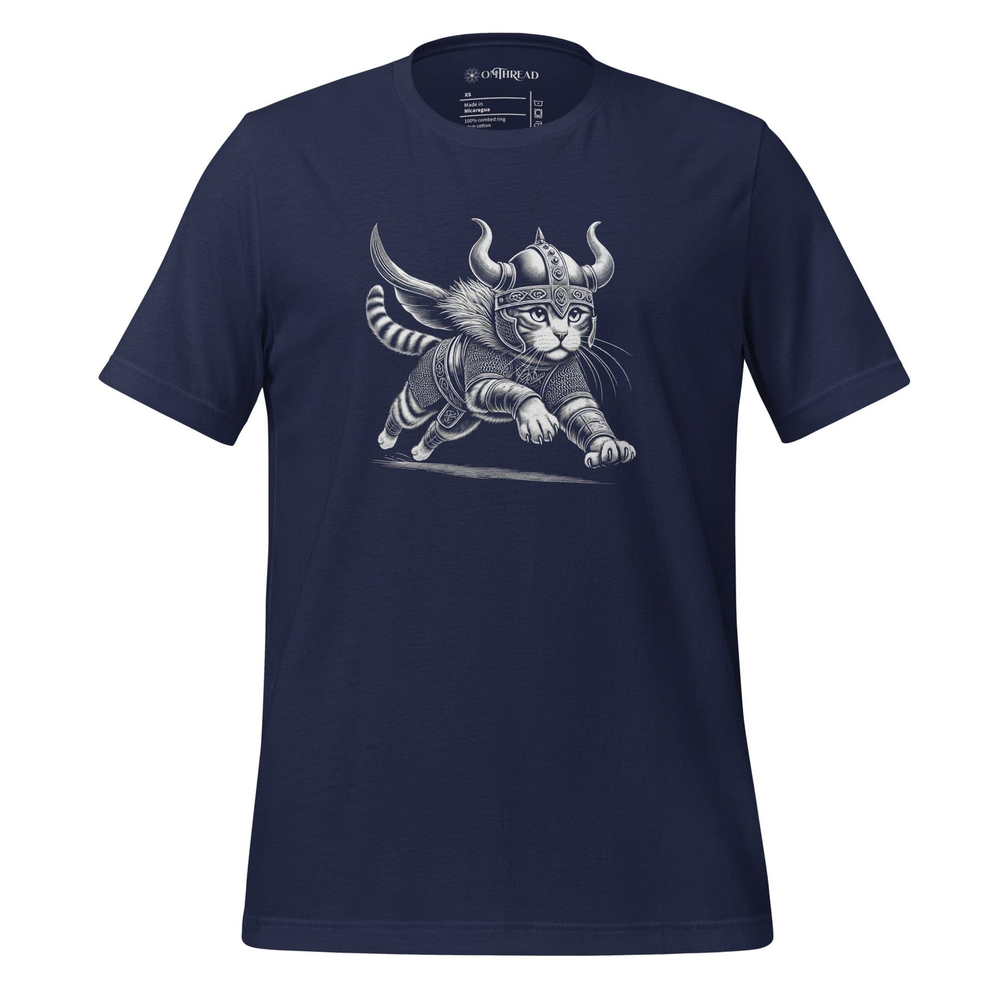OMTHREAD Navy / XS Leaping Viking Cat T-Shirt | Norse Warrior Feline Graphic Tee