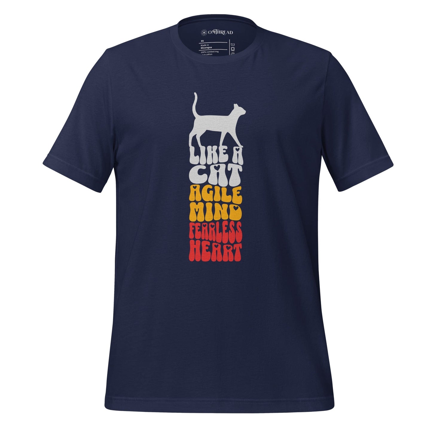OMTHREAD Like a Cat navy T-Shirt featuring bold typography stacked in gradient colors with the phrase "Like a Cat Agile Mind Fearless Heart" and a cat silhouette.