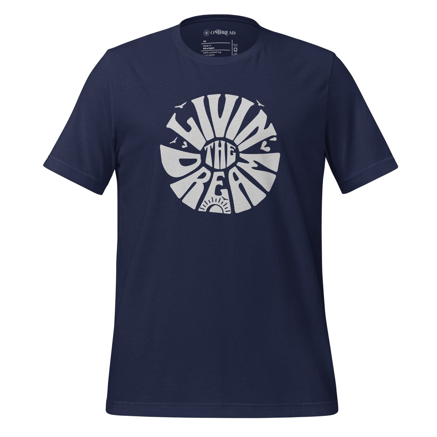 OMTHREAD navy t-shirt featuring white retro-style typography reading "Livin' the Dream" in a circular design with sun, birds, and heart elements.
