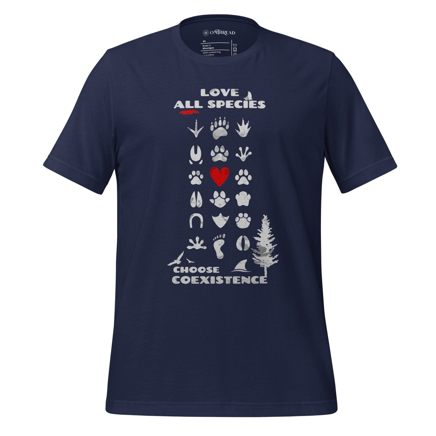 OMTHREAD Navy / XS Love All Species Choose Coexistence T-Shirt Animal Footprint Nature Conservation Tee