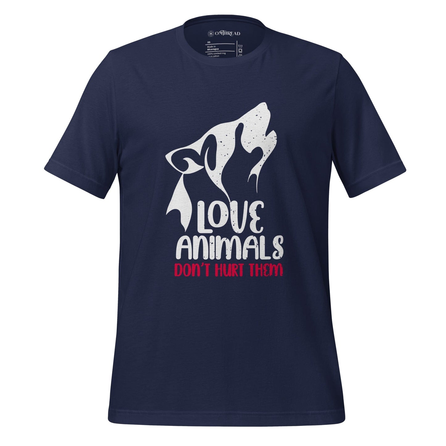 OMThread navy t-shirt featuring a white and red design of a stylized wolf howling with the words "Love Animals, Don't Hurt Them" in bold typography