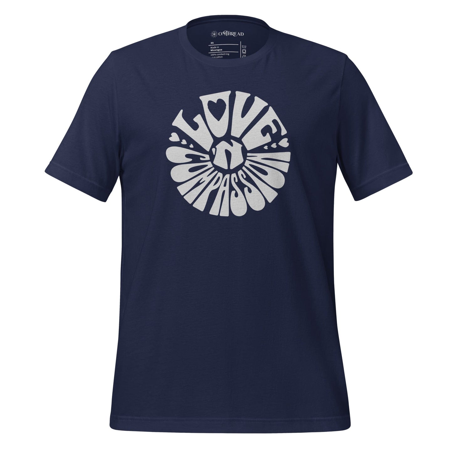 OMTHREAD navy t-shirt with bold white "Love 'N Compassion" typography design in a circular layout