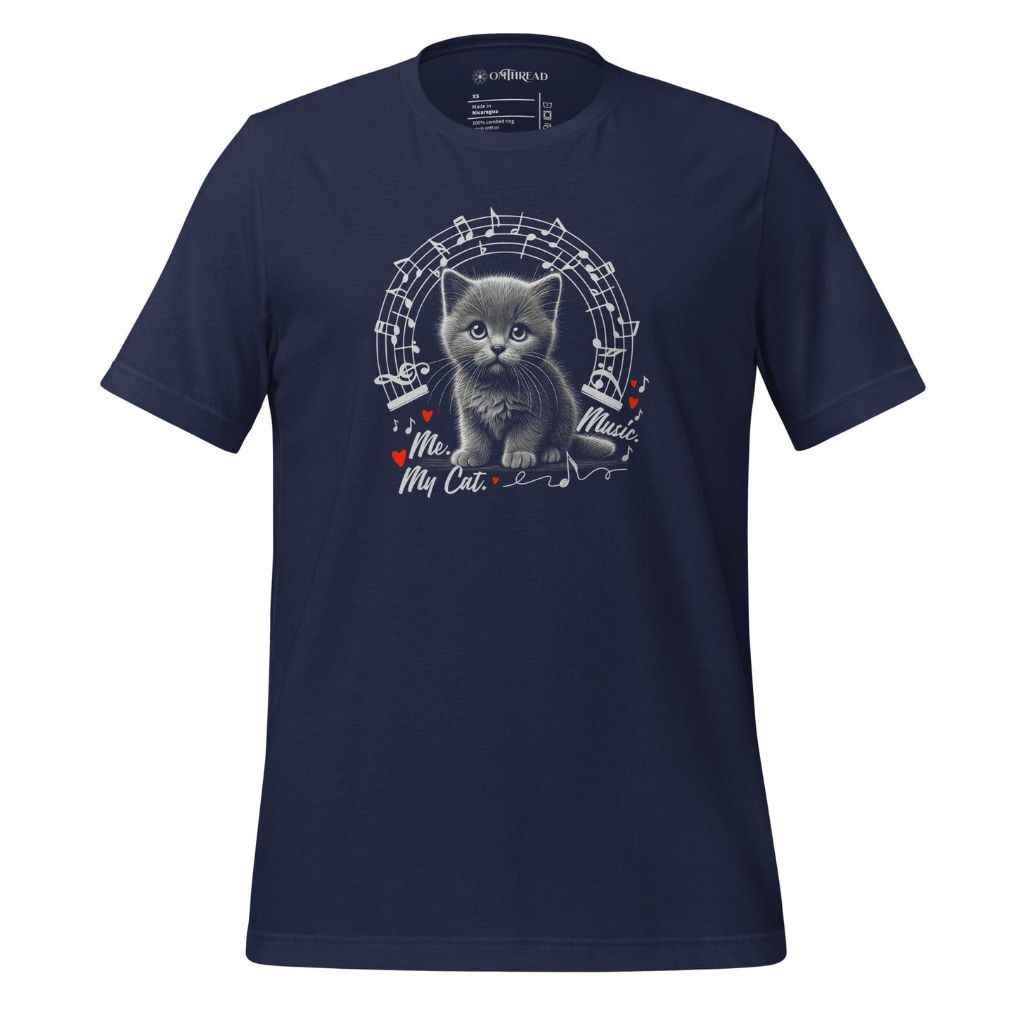 OMThread Me My Cat and Music navy T-Shirt featuring an illustration of a kitten surrounded by musical notes. The kitten sits under an arch of music symbols with heart accents, creating a whimsical design that blends feline charm with a love for music.