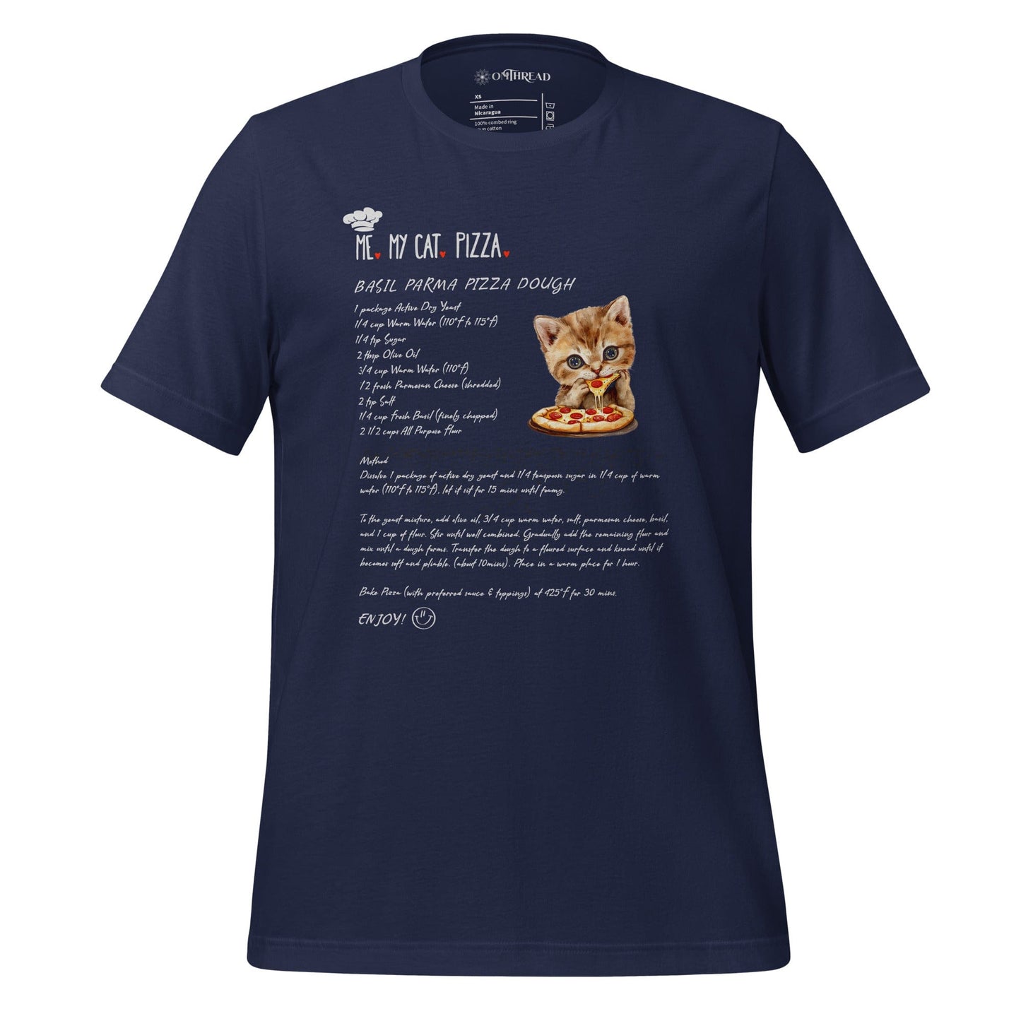 OMThread navy blue t-shirt featuring a playful design of a kitten holding a slice of pizza next to a detailed recipe for basil parmesan pizza dough. The text "Me, My Cat, Pizza" is displayed above the ingredients and instructions, styled in a handwritten font.