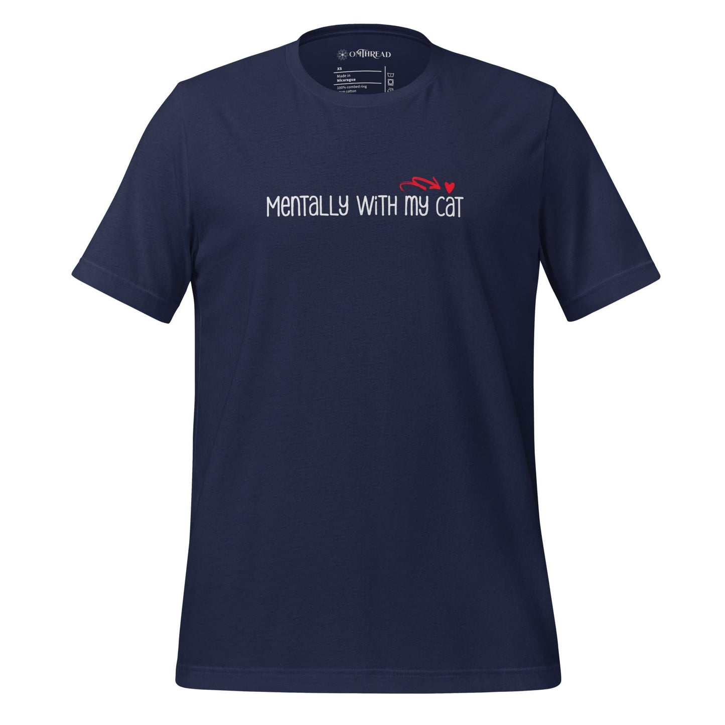 OMThread Mentally With My Cat navy blue t-shirt featuring minimalist white text with a small red heart and a swirl above the word "cat."