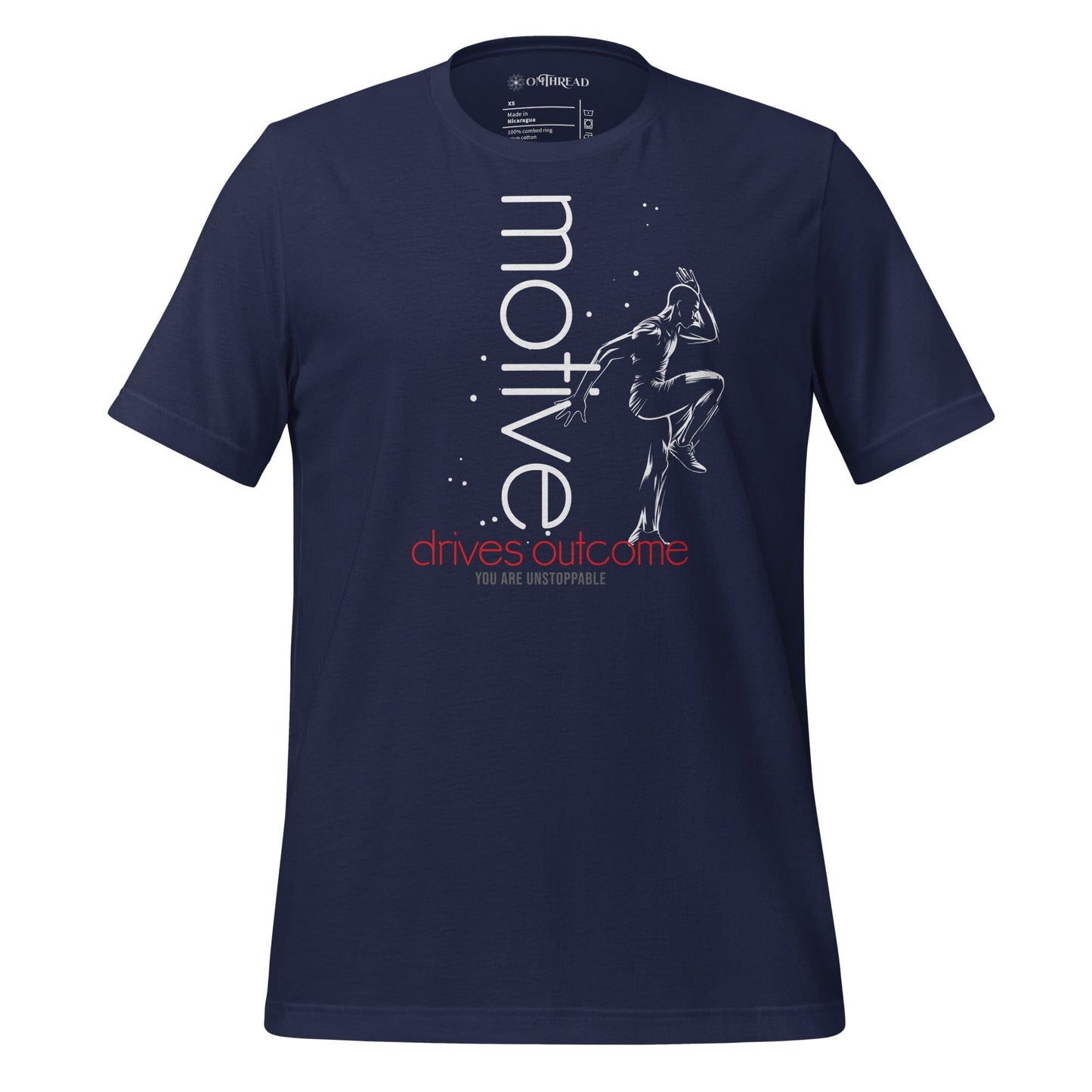 OMThread navy t-shirt with white silhouette of an athlete in motion, text reading "Motive Drives Outcome" in vertical alignment.