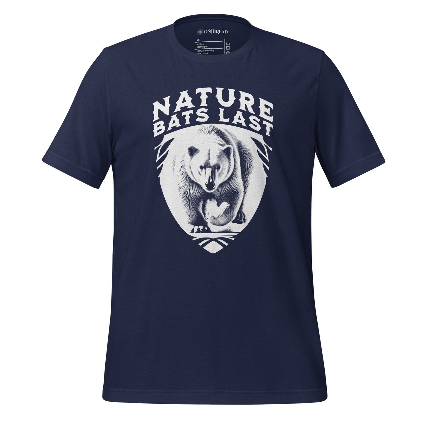 OMTHREAD navy blue T-Shirt with a detailed polar bear illustration and bold "Nature Bats Last" text.
