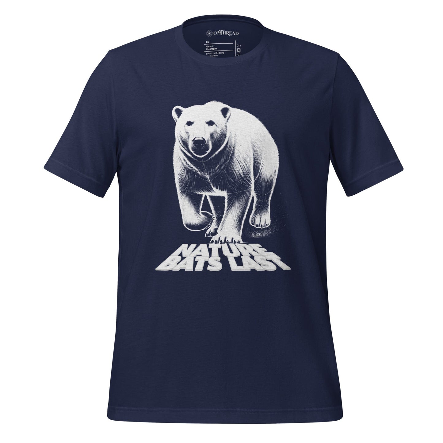 OMTHREAD navy t-shirt featuring a detailed white illustration of a polar bear with the bold text "Nature Bats Last" beneath its paws.