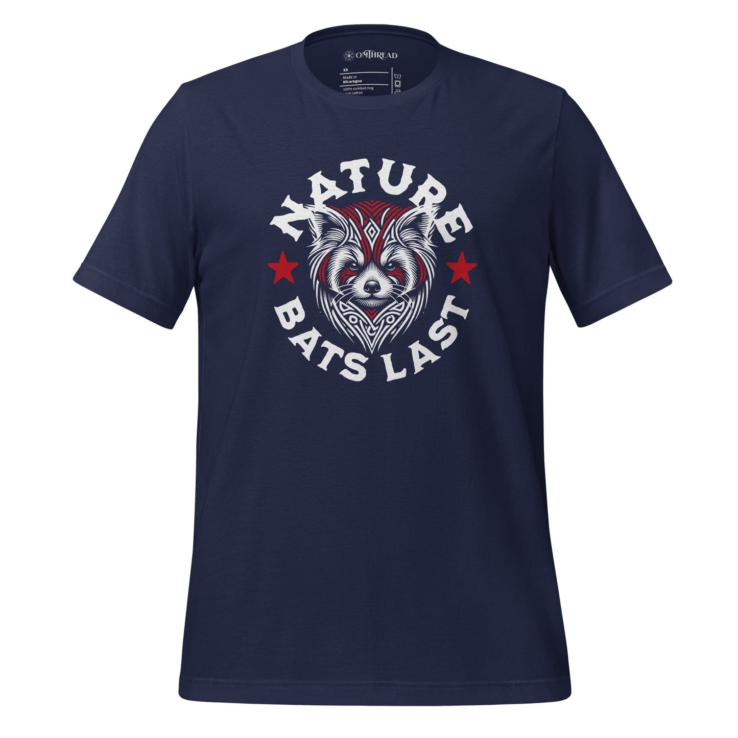 OMThread navy blue t-shirt with a tribal-style red panda illustration and bold "Nature Bats Last" text, featuring red stars on a dark background.
