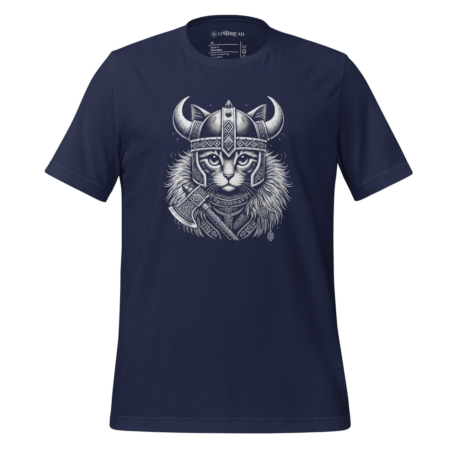 OMTHREAD Norse Viking Cat Navy T-shirt featuring a fierce feline in Viking armor with a detailed helmet and axe, styled with intricate Nordic patterns