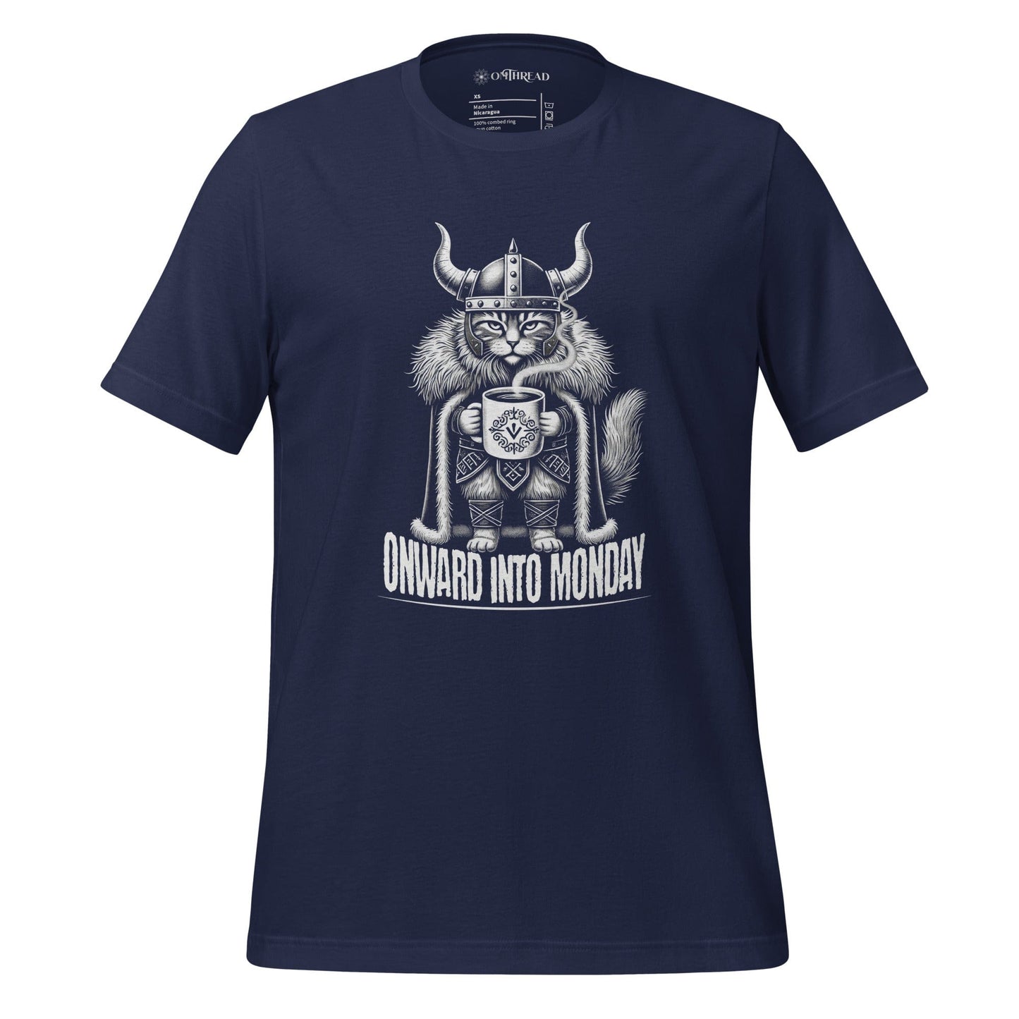 OMThread Onward Into Monday navy t-shirt featuring a Viking cat holding a coffee cup, wearing a horned helmet and fur cloak, with the phrase "Onward Into Monday" below