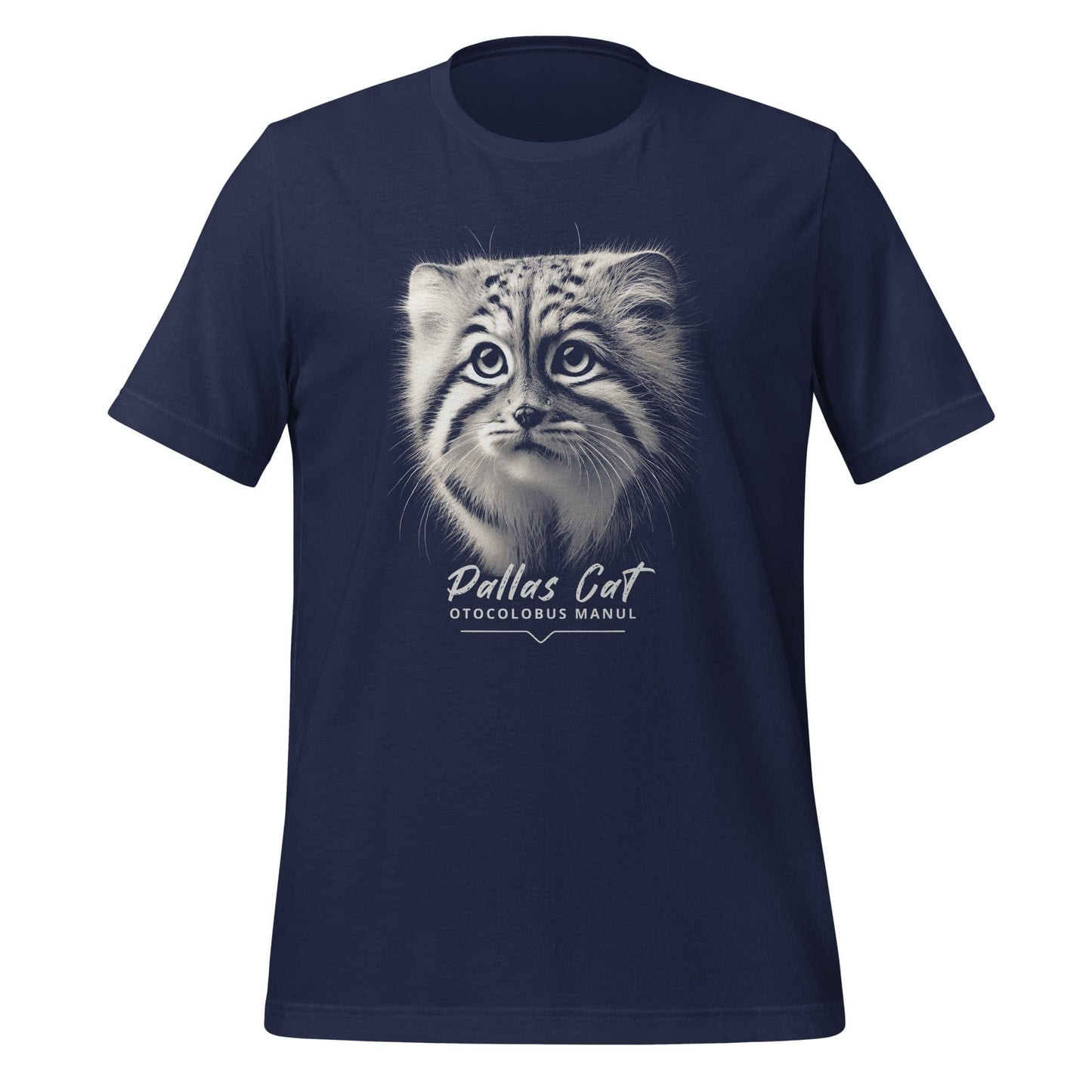 OMThread navy blue t-shirt featuring a detailed black-and-white illustration of a Pallas kitten with intense eyes and fine fur details. Below the image, "Pallas Cat" is written in elegant white script, followed by "Otocolobus Manul" in a modern font.