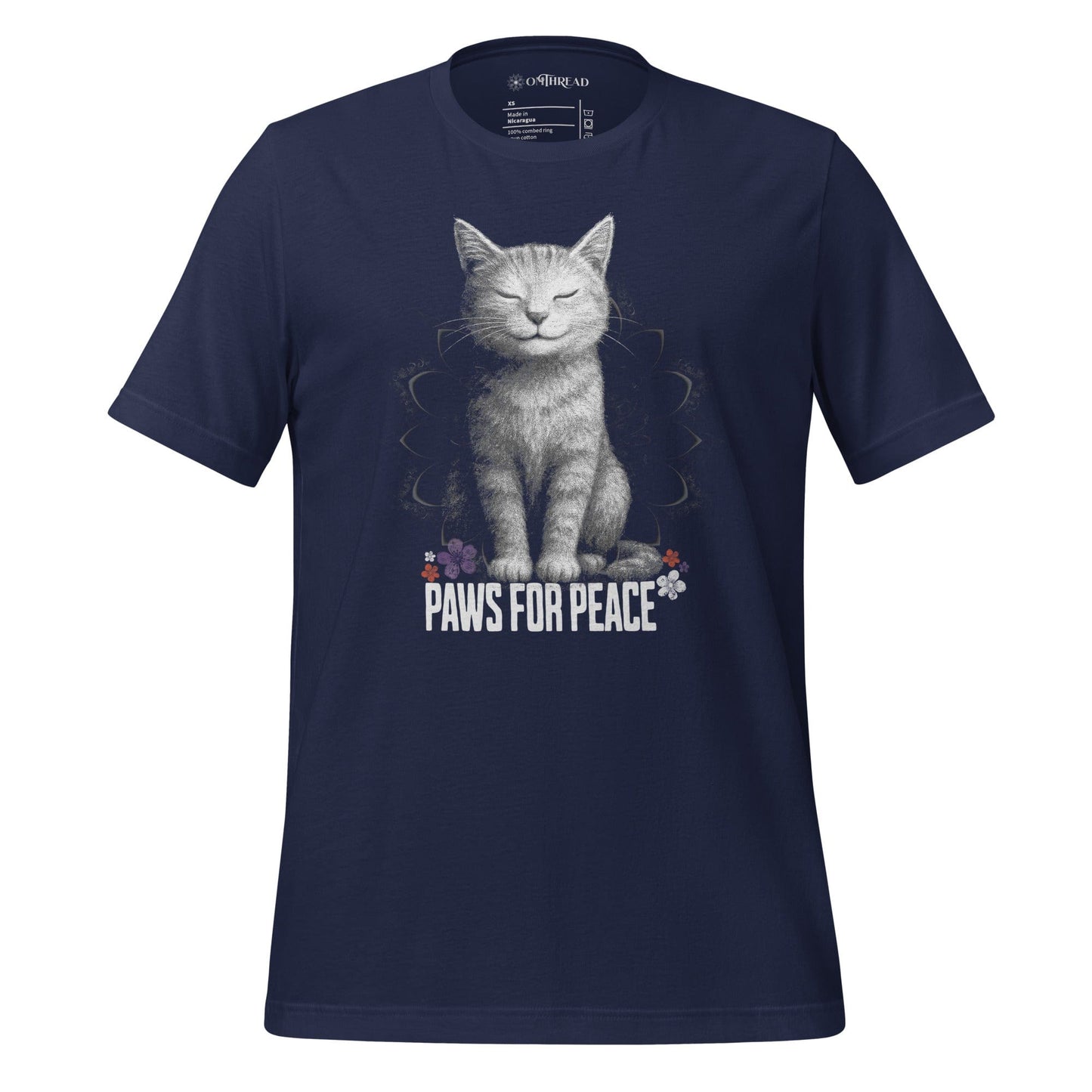 OMTHREAD Navy / XS Paws for Peace Cat T-Shirt, Peaceful Cat Shirt for Cat Lovers, Giftable Yoga Cat Tee