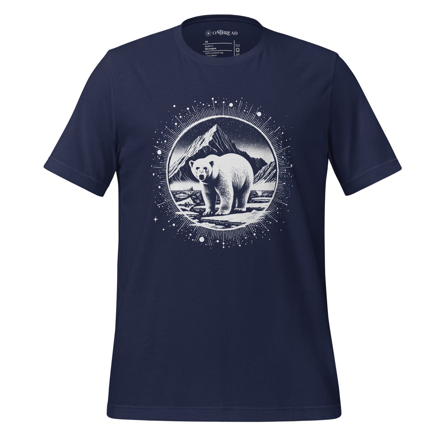 OMTHREAD navy blue t-shirt featuring a detailed black and white illustration of a polar bear standing in an Arctic landscape, framed by a circular cosmic halo design.