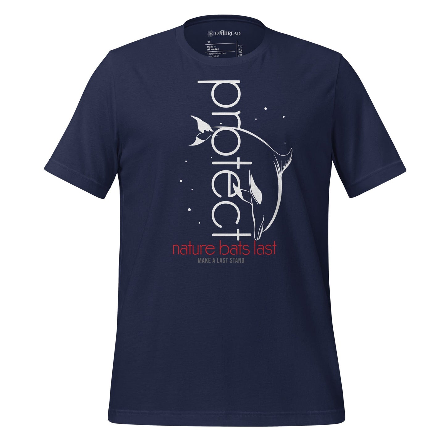 OMTHREAD navy blue t-shirt featuring a white dolphin illustration with the word "Protect" in vertical text and "Nature Bats Last" in red and "Make a Last Stand" below.