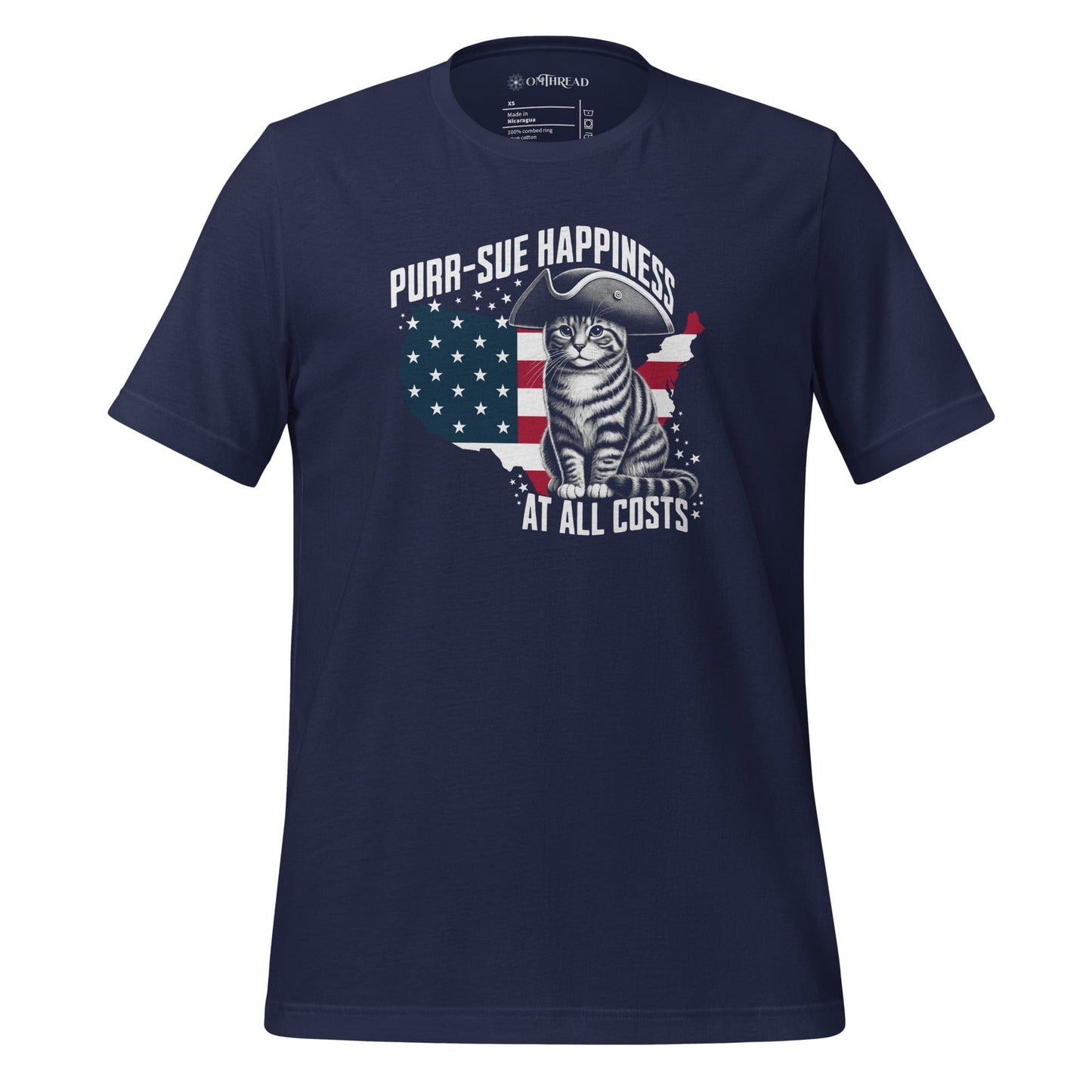 OMTHREAD Navy / XS Purr-sue Happiness Cat T-Shirt | Patriotic Feline Graphic Tee
