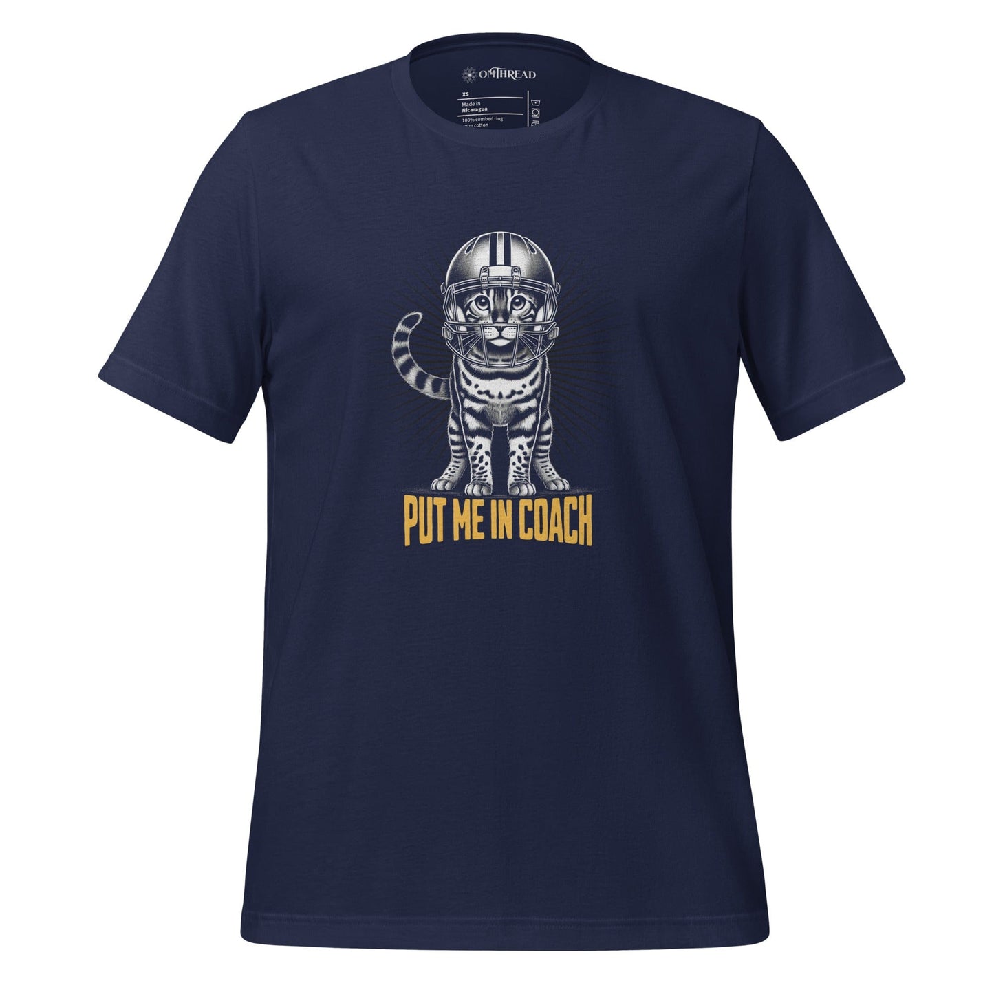 OMTHREAD navy t-shirt featuring a Bengal cat in a football helmet with "Put Me In Coach" text. The cat stands with bold linework and a radiant background.