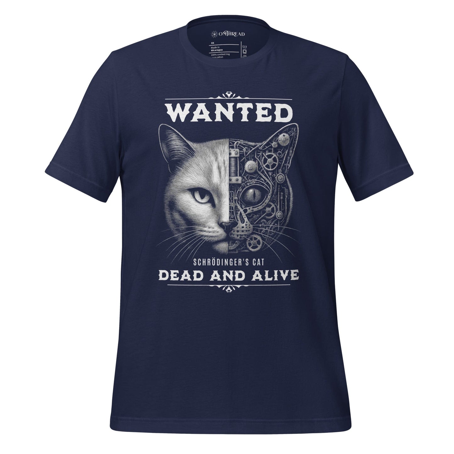 OMTHREAD Navy / XS Quantum Schrödinger's Cat T-Shirt, Quantum Physics Cat Tee, Funny Science Shirt for Cat Lovers