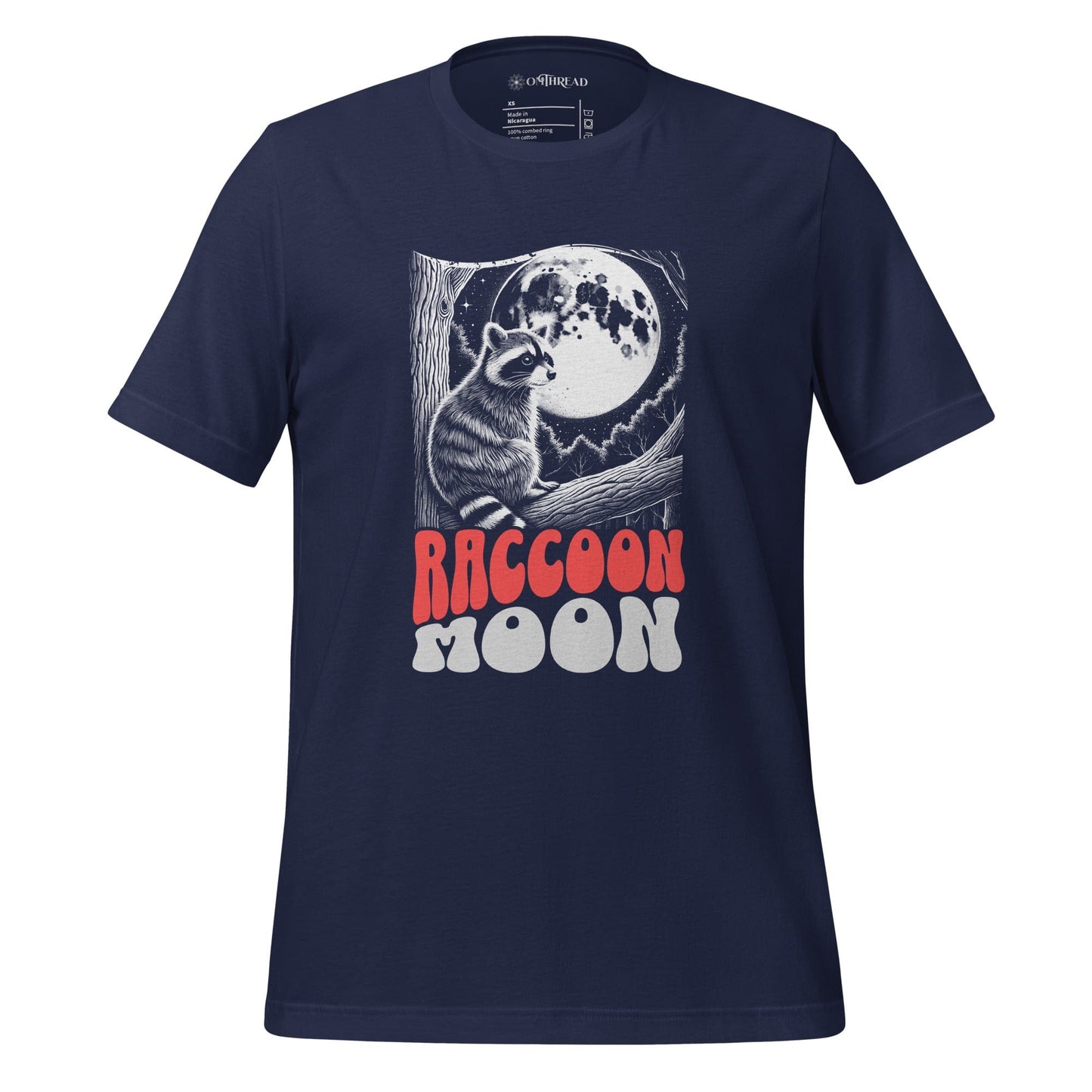 OMTHREAD navy t-shirt with a detailed raccoon illustration sitting on a tree branch under a full moon, retro red and white text reads Raccoon Moon.