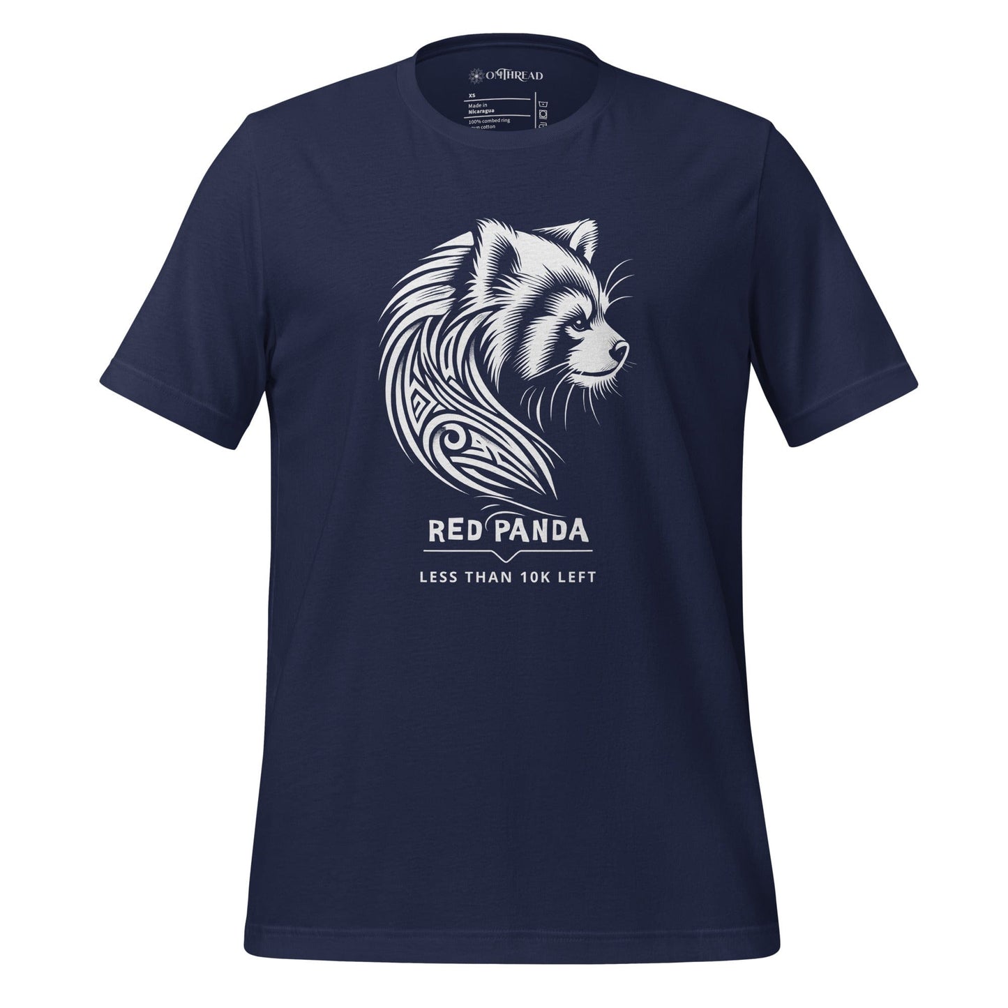 OMThread navy blue t-shirt featuring a white tribal-style red panda illustration with the text 'Less Than 10K Left' below the design.