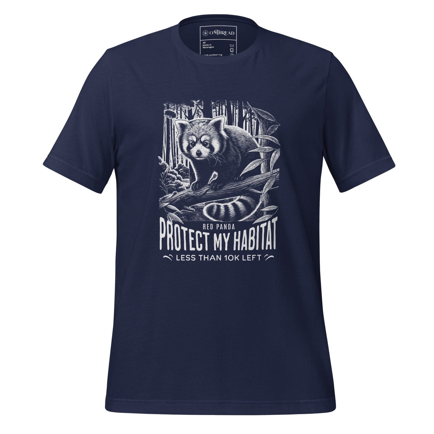 OMThread red panda endangered species t-shirt, navy blue cotton tee featuring a detailed black and white illustration of a red panda in its natural habitat with the message "Protect My Habitat Less Than 10K Left"