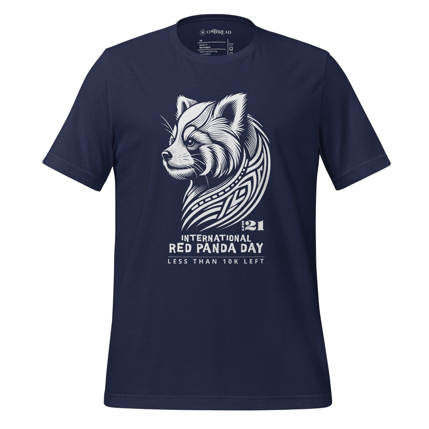OMThread navy blue t-shirt with white tribal-style red panda illustration and text reading "International Red Panda Day, Less Than 10K Left"